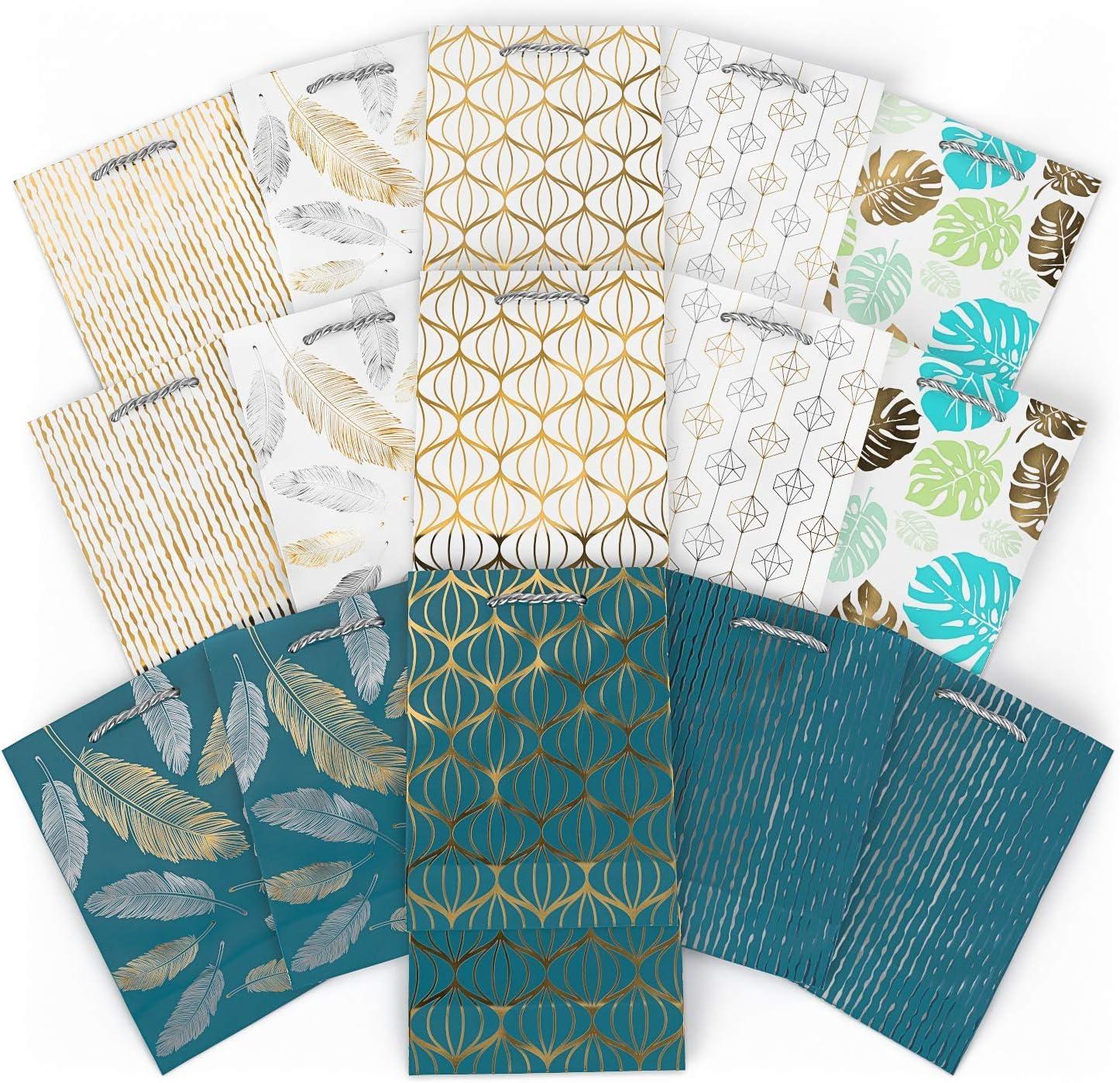 Arteza Gift Bags 9.5x7x3.4, Set of 15 Bags (5 White Designs, 3 Pieces in Each Style), Perfect for Any Holiday Occasion, Graduations, Birthday Parties, and More (2 of Each Style)