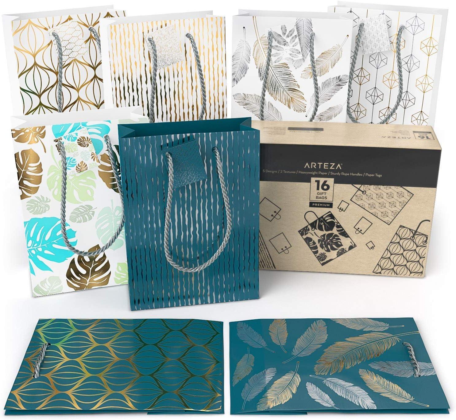 Arteza Gift Bags 9.5x7x3.4, Set of 15 Bags (5 White Designs, 3 Pieces in Each Style), Perfect for Any Holiday Occasion, Graduations, Birthday Parties, and More (2 of Each Style)