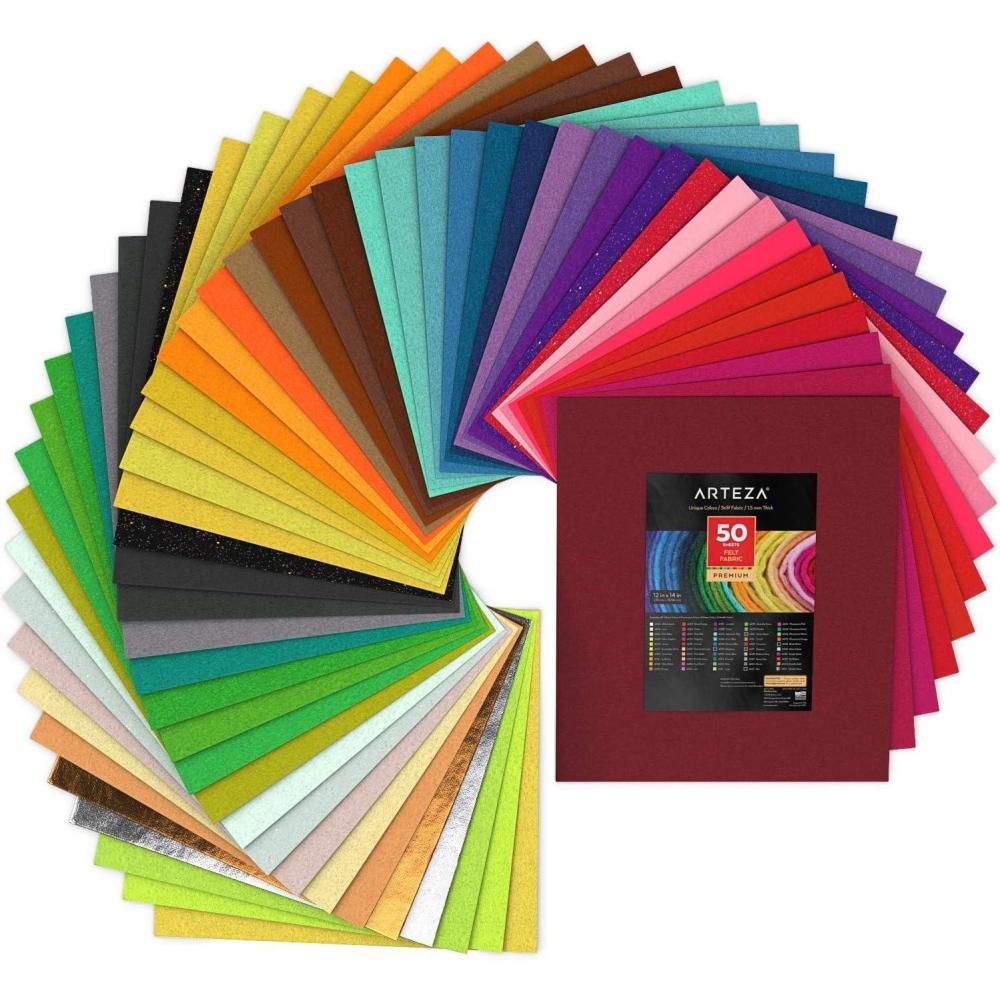 Arteza Craft Felt Sheets, Set of 50 Colors, 12 x 14 Inches, Assorted Soft and Stiff Non Woven Felt Fabric Squares, 1.5mm Thick, Sewing Fabric for DIY Projects