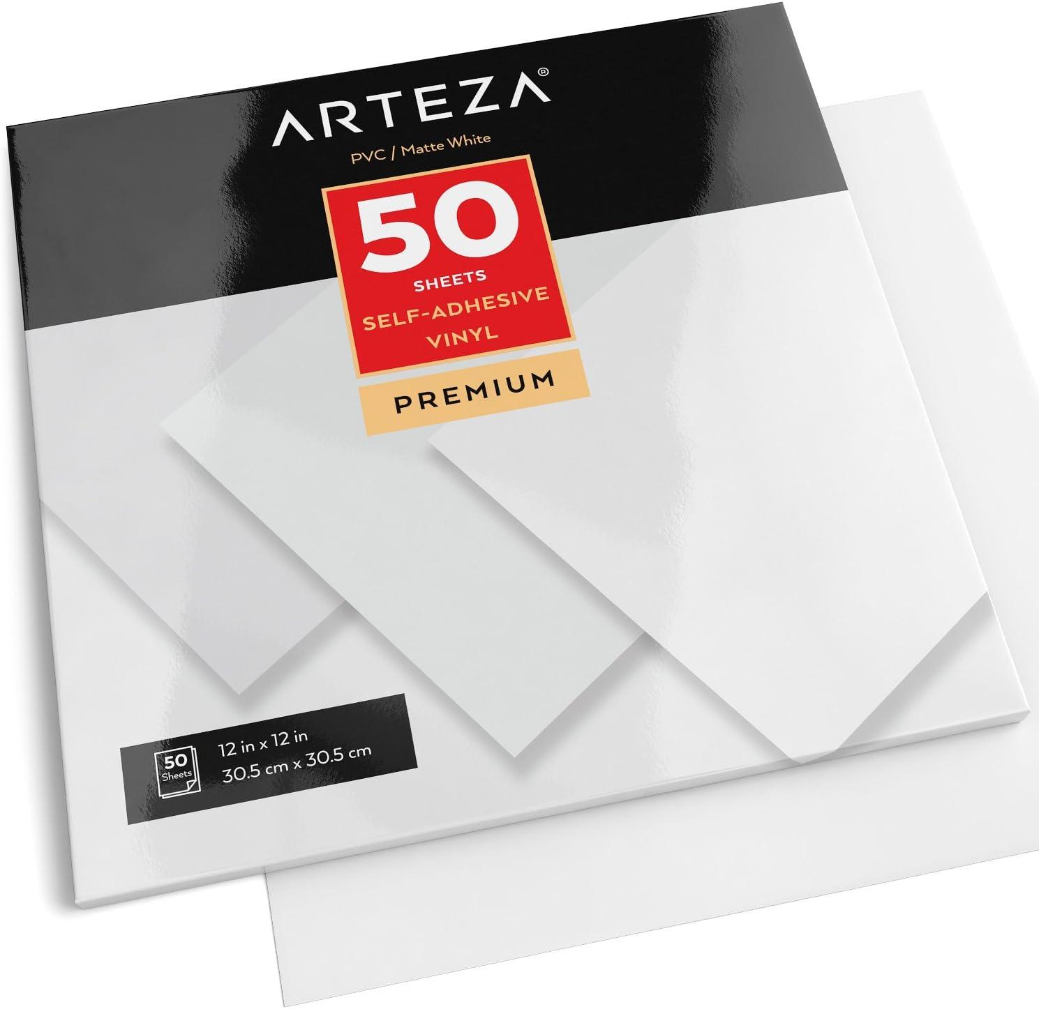 ARTEZA Self Adhesive Vinyl Sheets, 12 x 12 Inches, Pack of 50, Matte White, Waterproof and Easy to Weed and Cut, SAV for DIY Projects