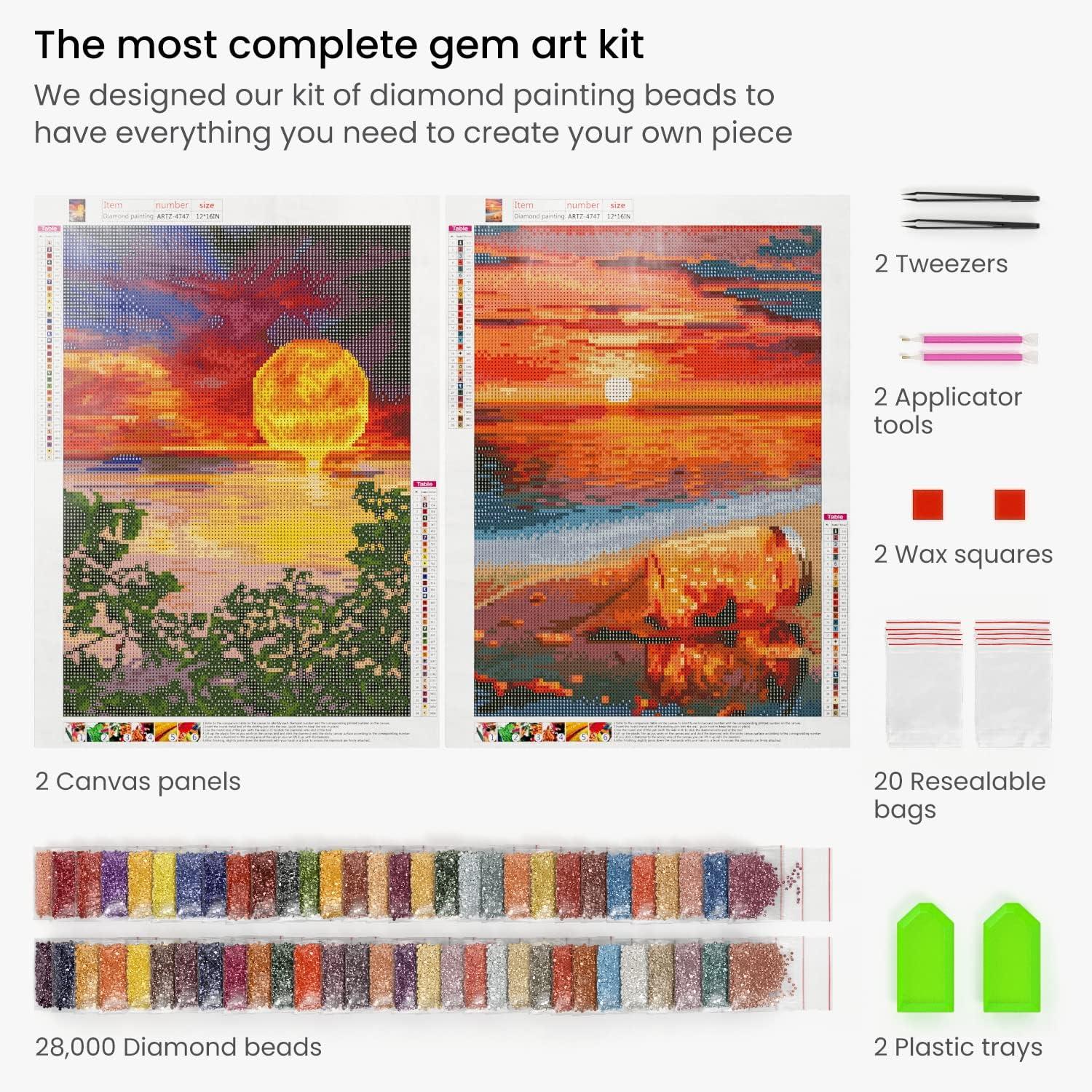 ARTEZA 5D Diamond Painting Kit, 2-Pack, Beach Designs, Full-Drill Diamond Art for Adults, 12 x 16 Inches Canvases, Round Rhinestones, & Painting Accessories, Bead Art Craft Supplies(Moon)