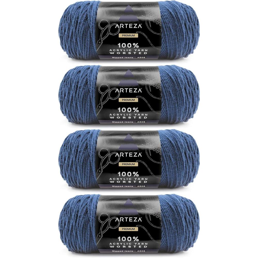 ARTEZA Acrylic Yarn for Crocheting, 4 x 200-g Skeins of Worsted Yarn for Knitting, Mossy A602, Knitting & Crochet Supplies(Ripped Jeans)