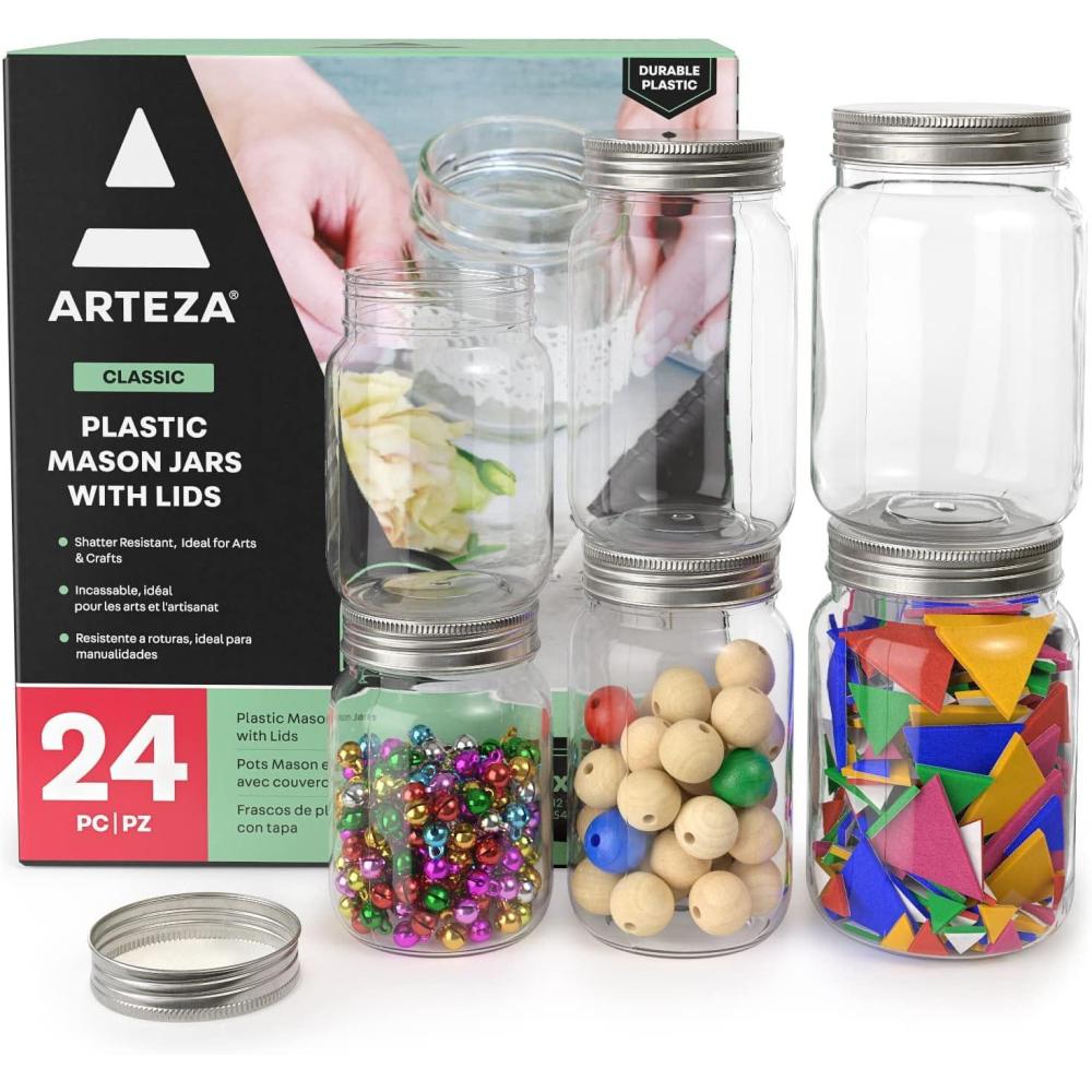 ARTEZA Mason Jars, 12 Regular Mouth Plastic Jars, 8 oz, 12 oz, 16 oz, Reusable Lids, Shatter-Resistant Containers for DIY, and Home Decor