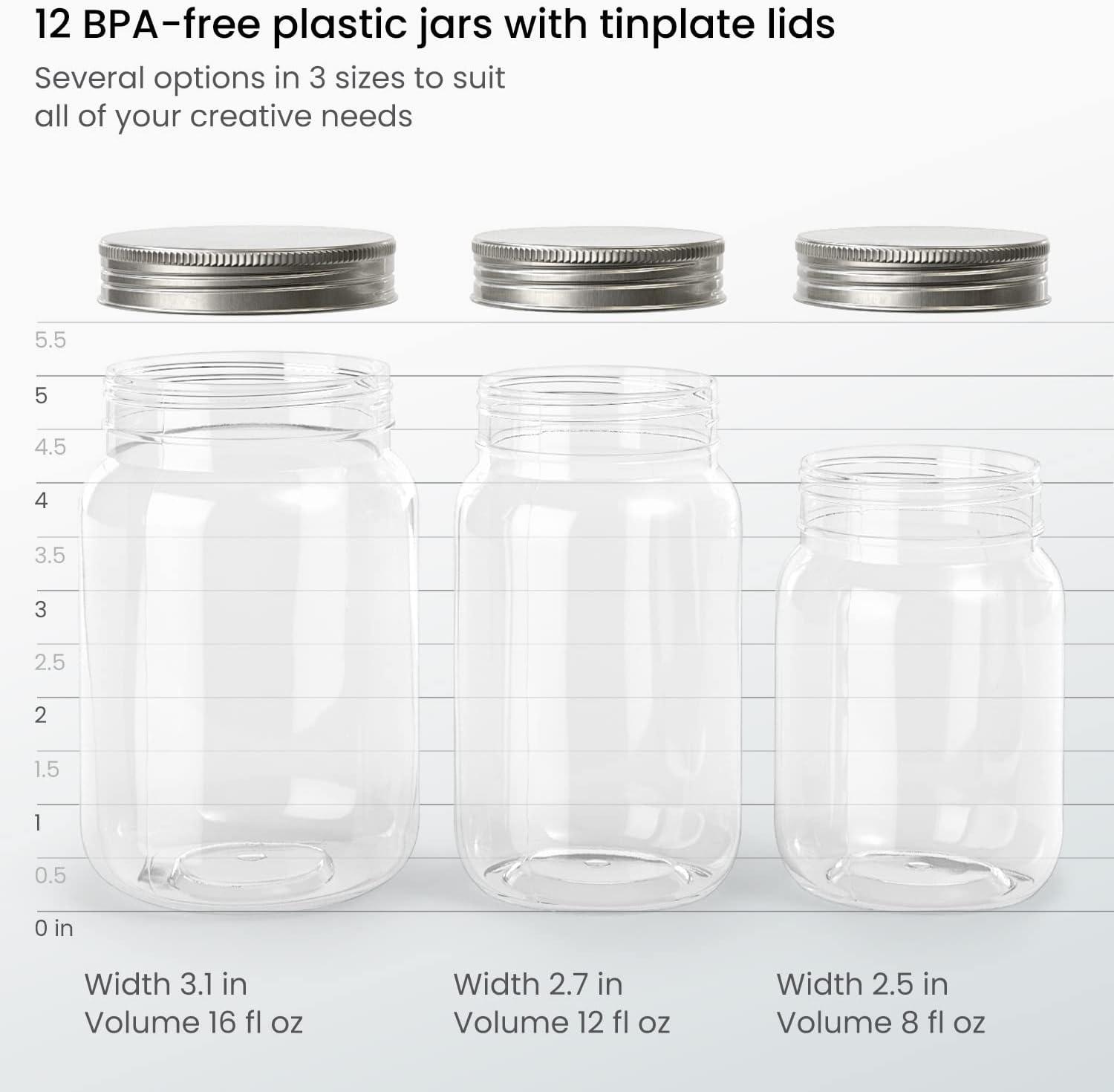 ARTEZA Mason Jars, 12 Regular Mouth Plastic Jars, 8 oz, 12 oz, 16 oz, Reusable Lids, Shatter-Resistant Containers for DIY, and Home Decor