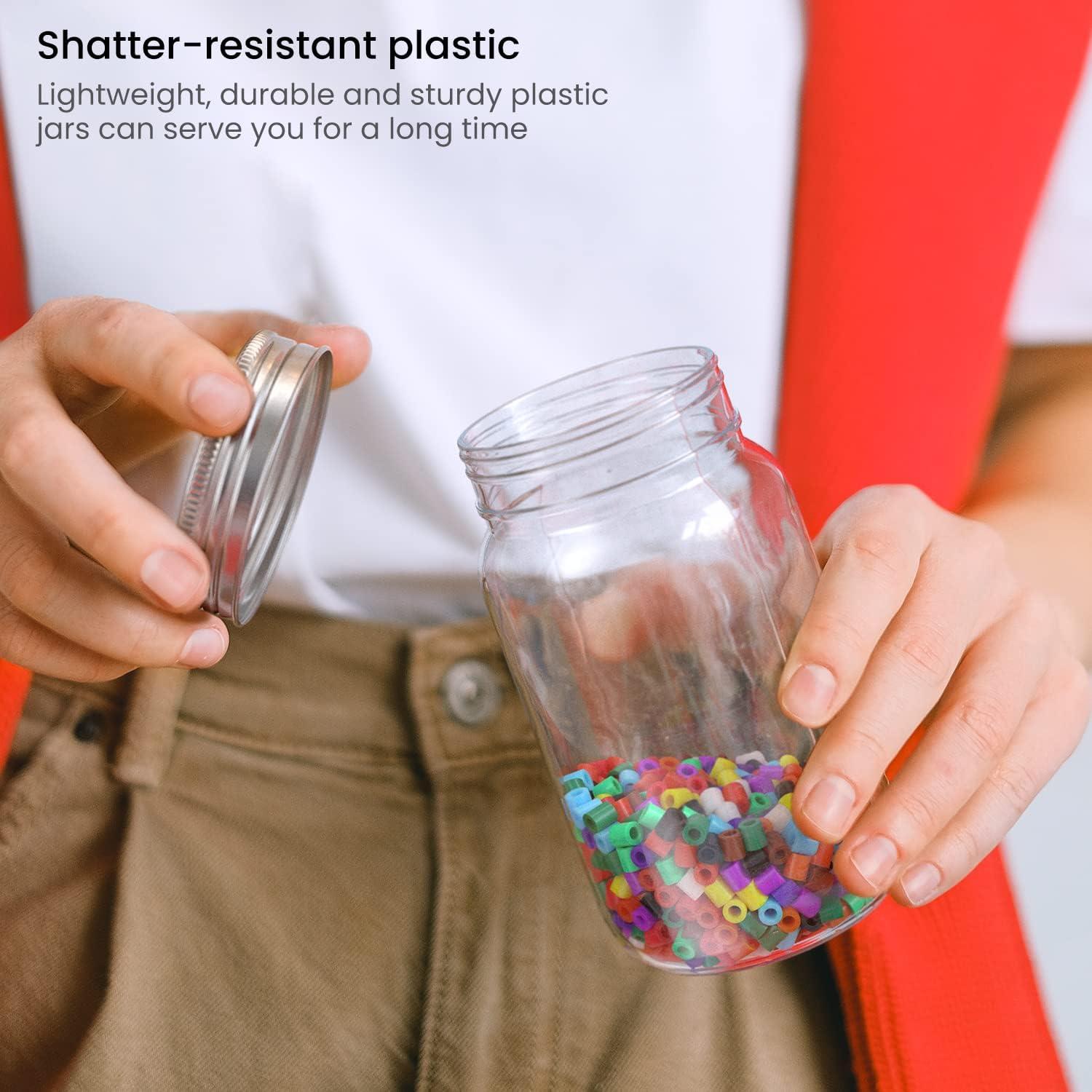ARTEZA Mason Jars, 12 Regular Mouth Plastic Jars, 8 oz, 12 oz, 16 oz, Reusable Lids, Shatter-Resistant Containers for DIY, and Home Decor