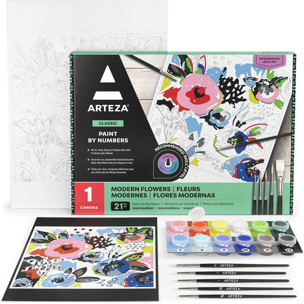 ARTEZA Paint by Numbers Kit, 12×16 Inches, 21 Pieces, Monstera Canvas Painting Kit, Canvas Panel, 12 Acrylic Paint Pots, 5 Paintbrushes, Art Supplies for a Meditative and Calming(Floral Modern)