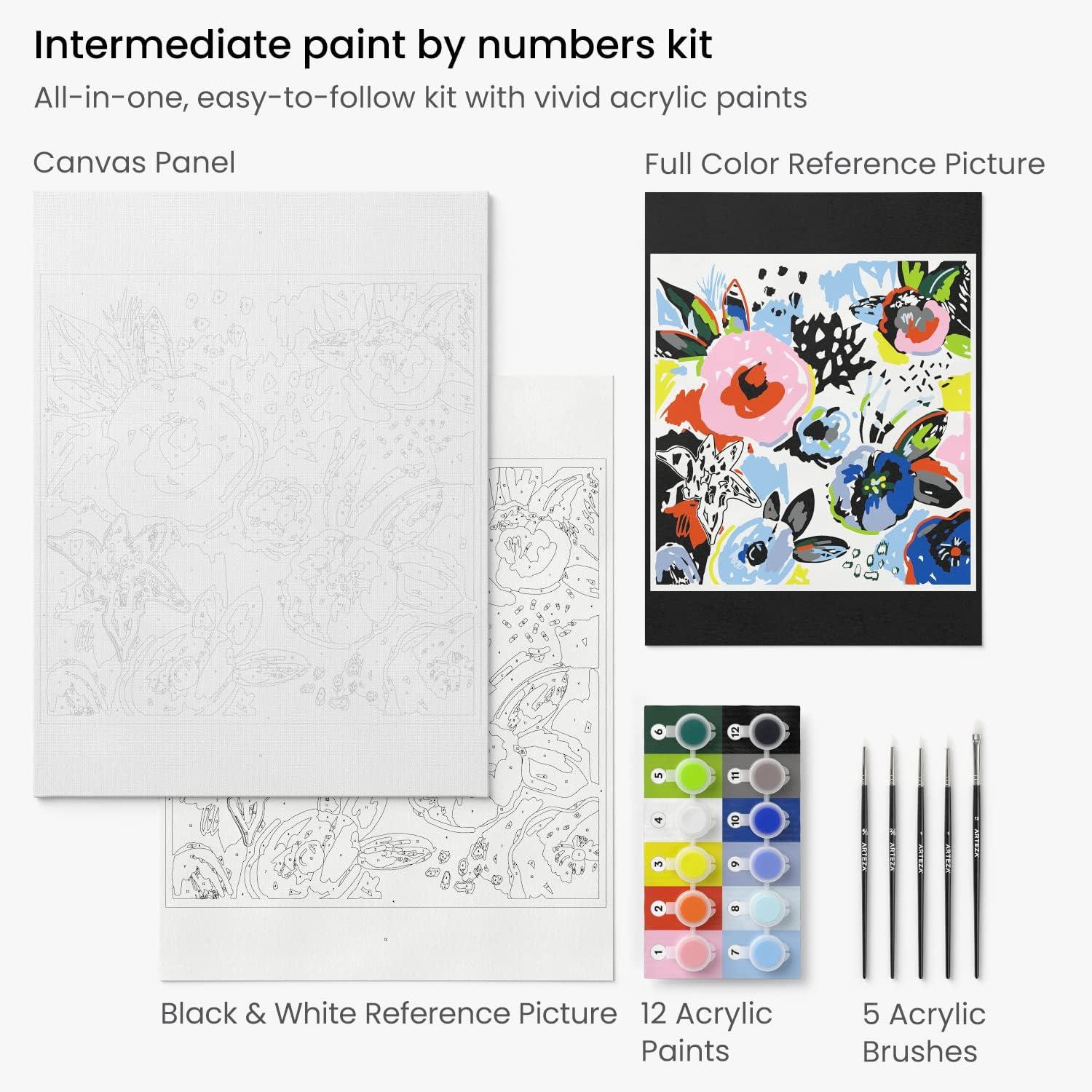 ARTEZA Paint by Numbers Kit, 12×16 Inches, 21 Pieces, Monstera Canvas Painting Kit, Canvas Panel, 12 Acrylic Paint Pots, 5 Paintbrushes, Art Supplies for a Meditative and Calming(Floral Modern)