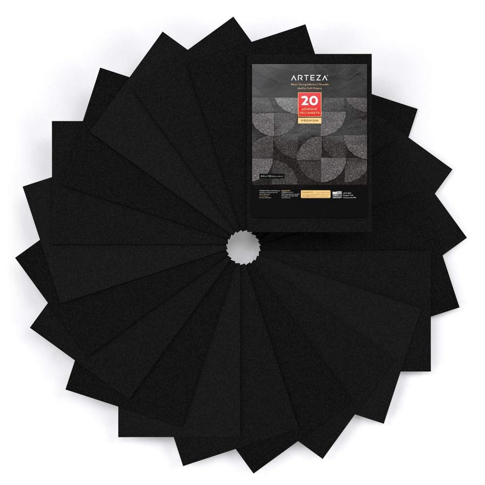 ARTEZA Black Craft Felt Sheets, 8.3 x 11.8 Inches, Set of 20, Stiff Non Woven Felt Fabric for Sewing and DIY Projects(20 Adhesive Squares)