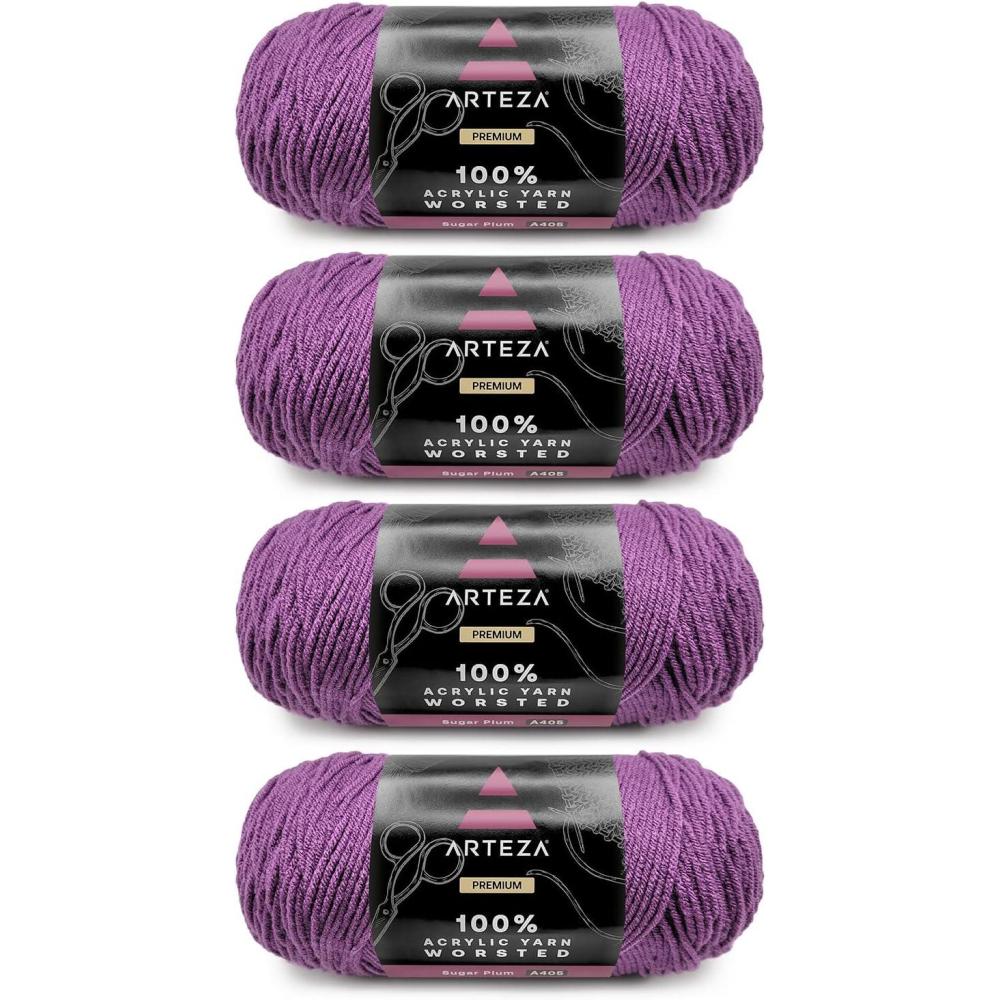 ARTEZA Acrylic Yarn for Crocheting, 4 x 200-g Skeins of Worsted Yarn for Knitting, Mossy A602, Knitting & Crochet Supplies(Sugar Plum)