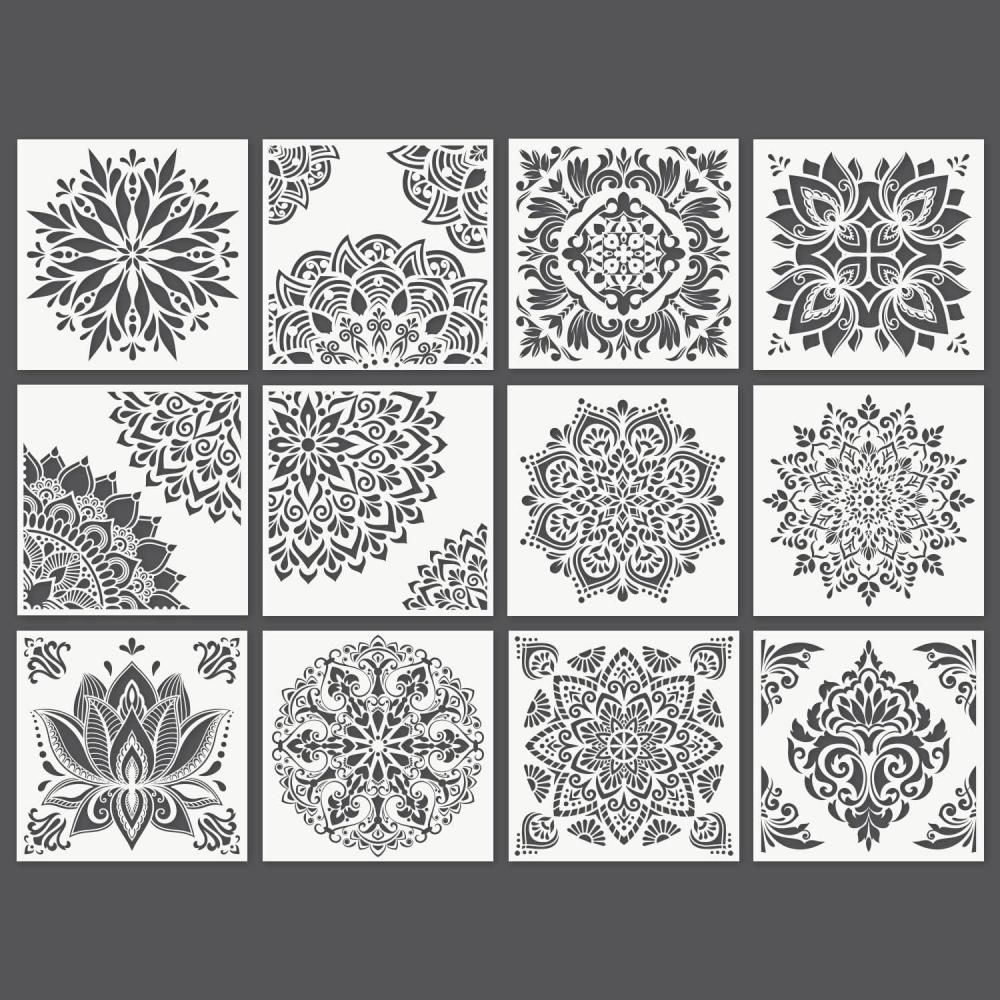 Arteza Stencils for Painting, 12 Unique Holiday Designs, 15.9 x 13.78 Inches, Thick Plastic Holiday Stencils, Art Supplies for Christmas Parties, Family Activities(Mandala Stencils)