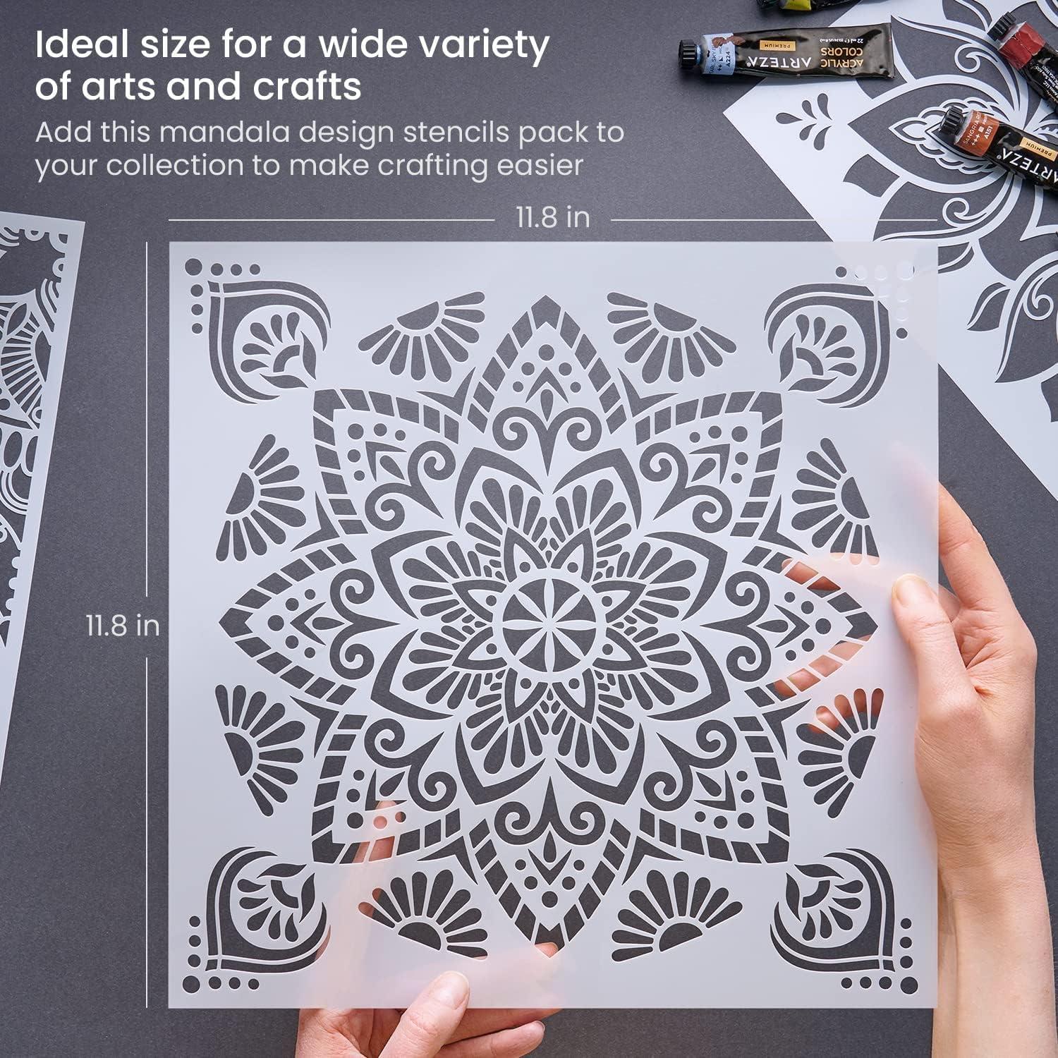 Arteza Stencils for Painting, 12 Unique Holiday Designs, 15.9 x 13.78 Inches, Thick Plastic Holiday Stencils, Art Supplies for Christmas Parties, Family Activities(Mandala Stencils)