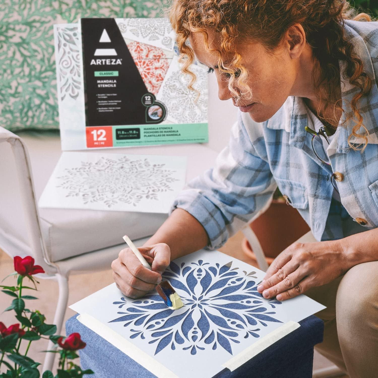Arteza Stencils for Painting, 12 Unique Holiday Designs, 15.9 x 13.78 Inches, Thick Plastic Holiday Stencils, Art Supplies for Christmas Parties, Family Activities(Mandala Stencils)