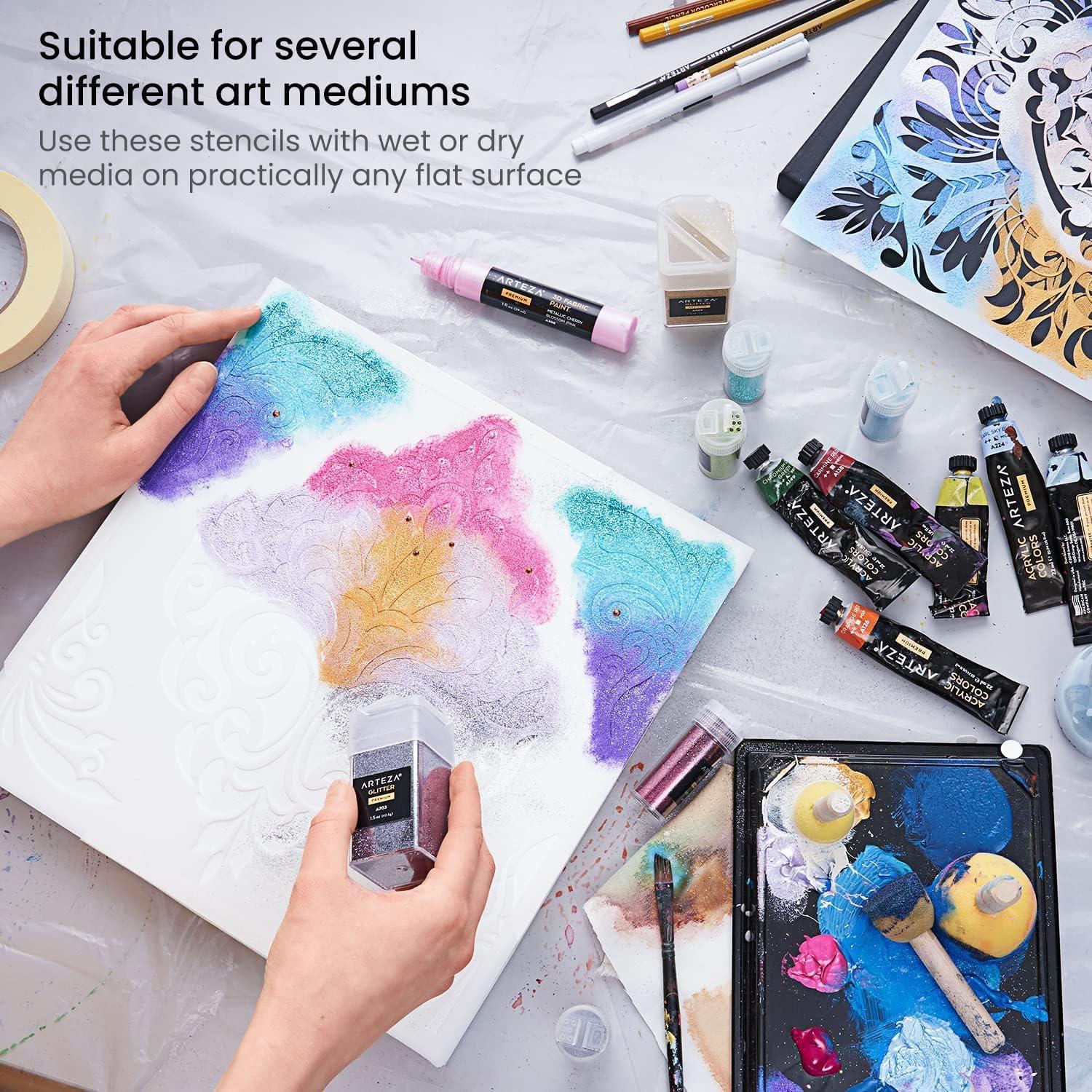 Arteza Stencils for Painting, 12 Unique Holiday Designs, 15.9 x 13.78 Inches, Thick Plastic Holiday Stencils, Art Supplies for Christmas Parties, Family Activities(Mandala Stencils)