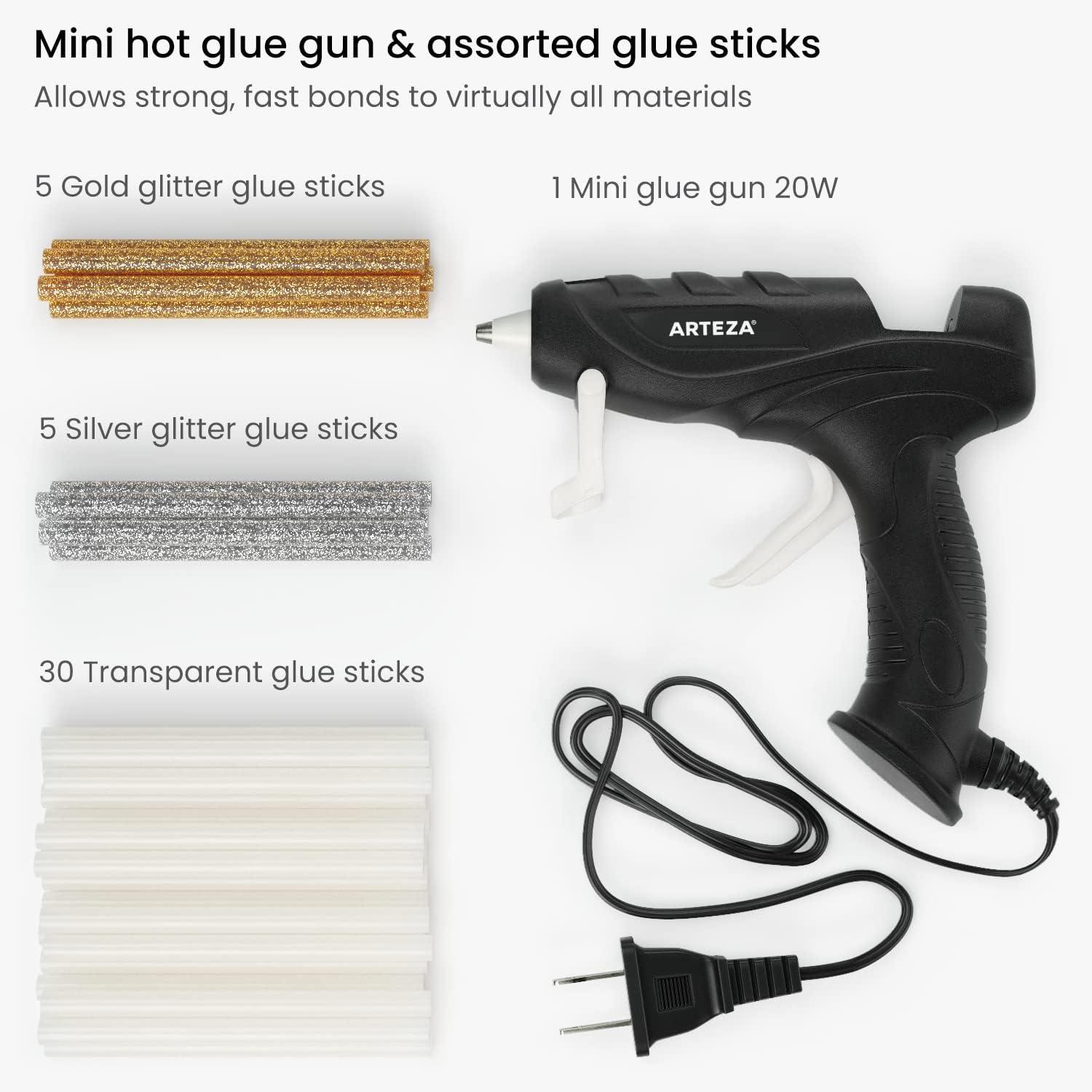 ARTEZA Mini Glue Gun for Crafting, 20W, 30 Clear and 10 Glitter Glue Sticks, Built-in Stand, Craft and Scrapbooking Supplies(20W)