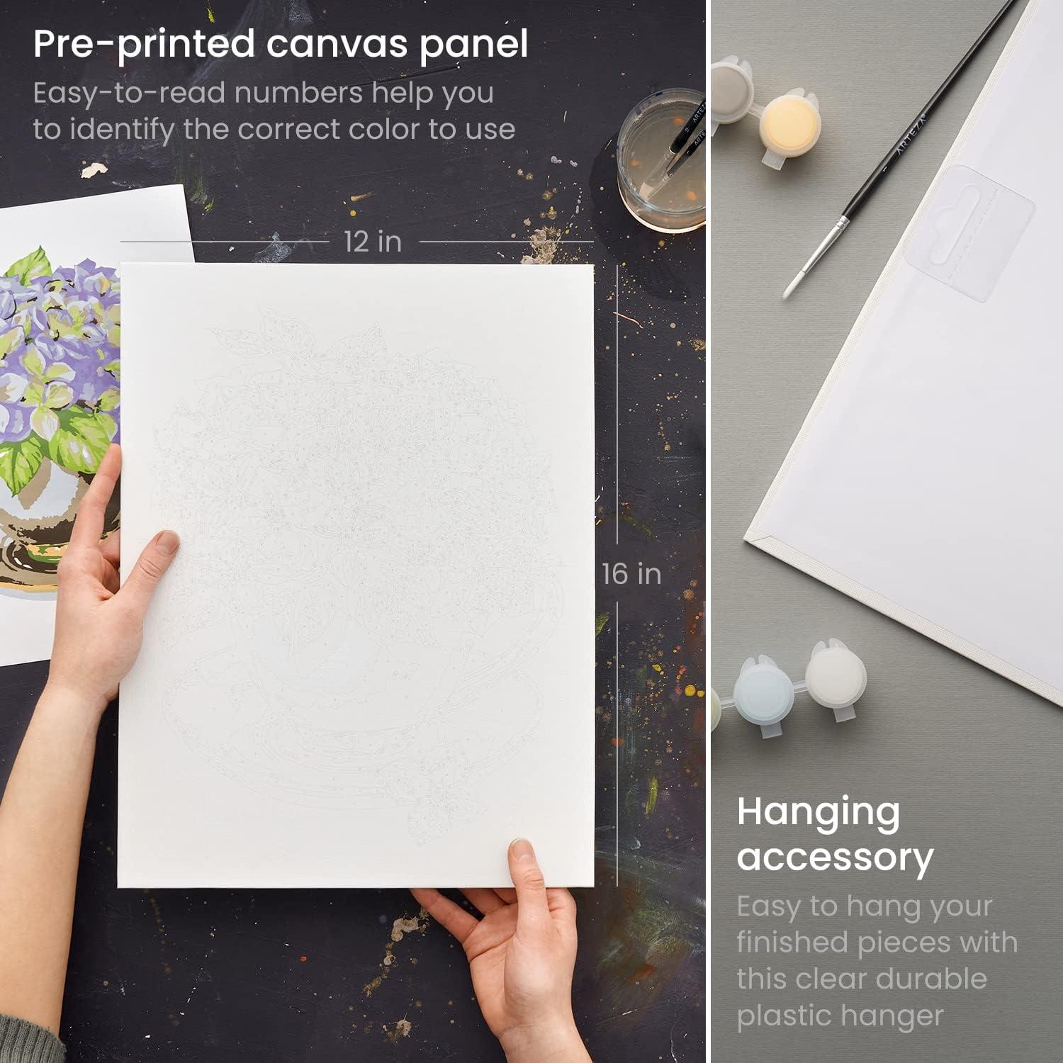 ARTEZA Paint by Numbers Kit, 12×16 Inches, 21 Pieces, Monstera Canvas Painting Kit, Canvas Panel, 12 Acrylic Paint Pots, 5 Paintbrushes, Art Supplies for a Meditative and Calming(Floral Hydrangea)