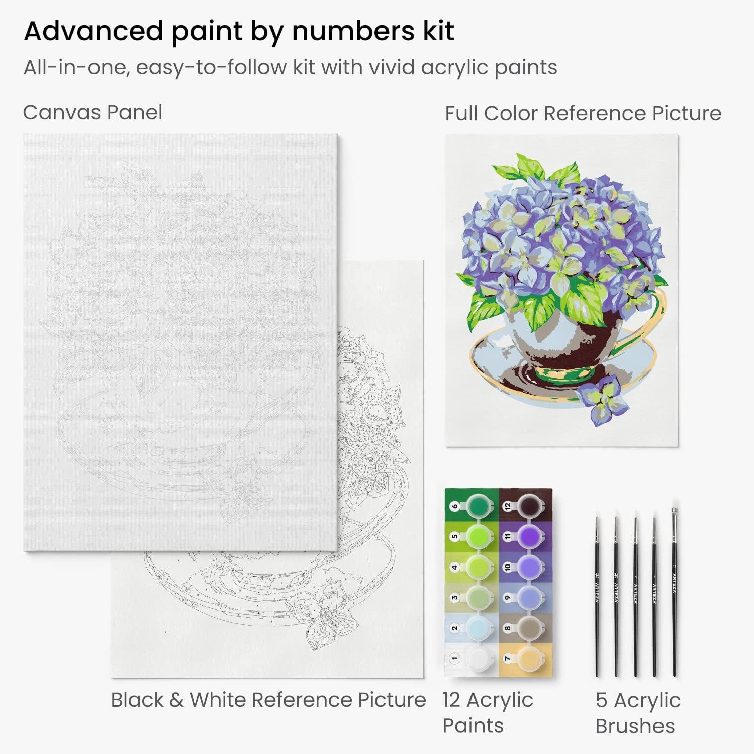 ARTEZA Paint by Numbers Kit, 12×16 Inches, 21 Pieces, Monstera Canvas Painting Kit, Canvas Panel, 12 Acrylic Paint Pots, 5 Paintbrushes, Art Supplies for a Meditative and Calming(Floral Hydrangea)