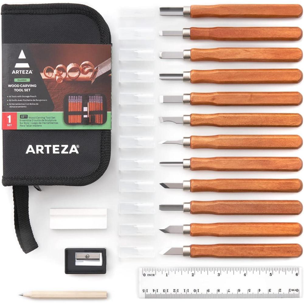 Arteza Wood Carving Tools Kit, 12 Cherry Wood Carving Tools with Steel Nozzles, Craft Supplies for DIY Projects
