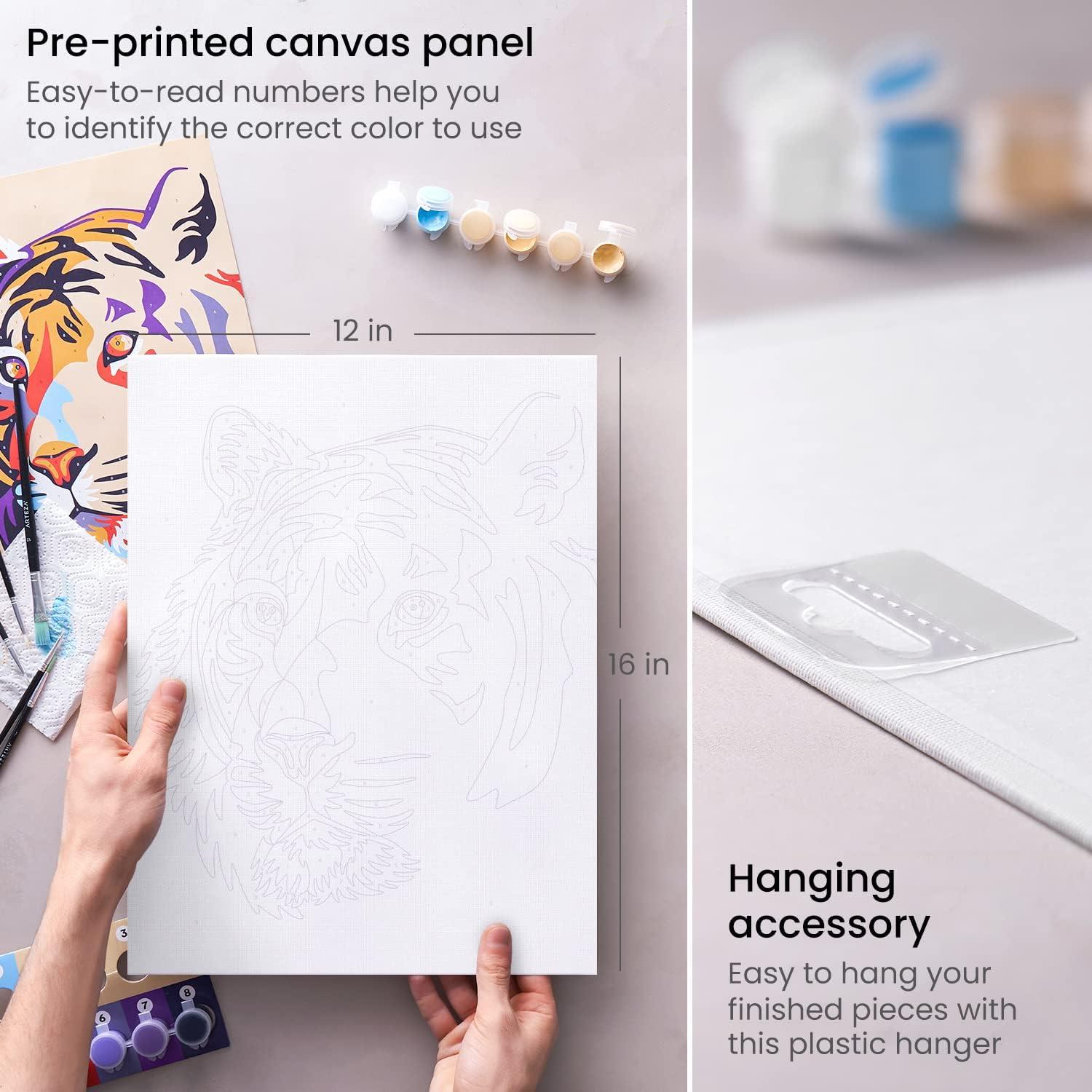 ARTEZA Paint by Numbers Kit, 12×16 Inches, 21 Pieces, Monstera Canvas Painting Kit, Canvas Panel, 12 Acrylic Paint Pots, 5 Paintbrushes, Art Supplies for a Meditative and Calming(Tiger)