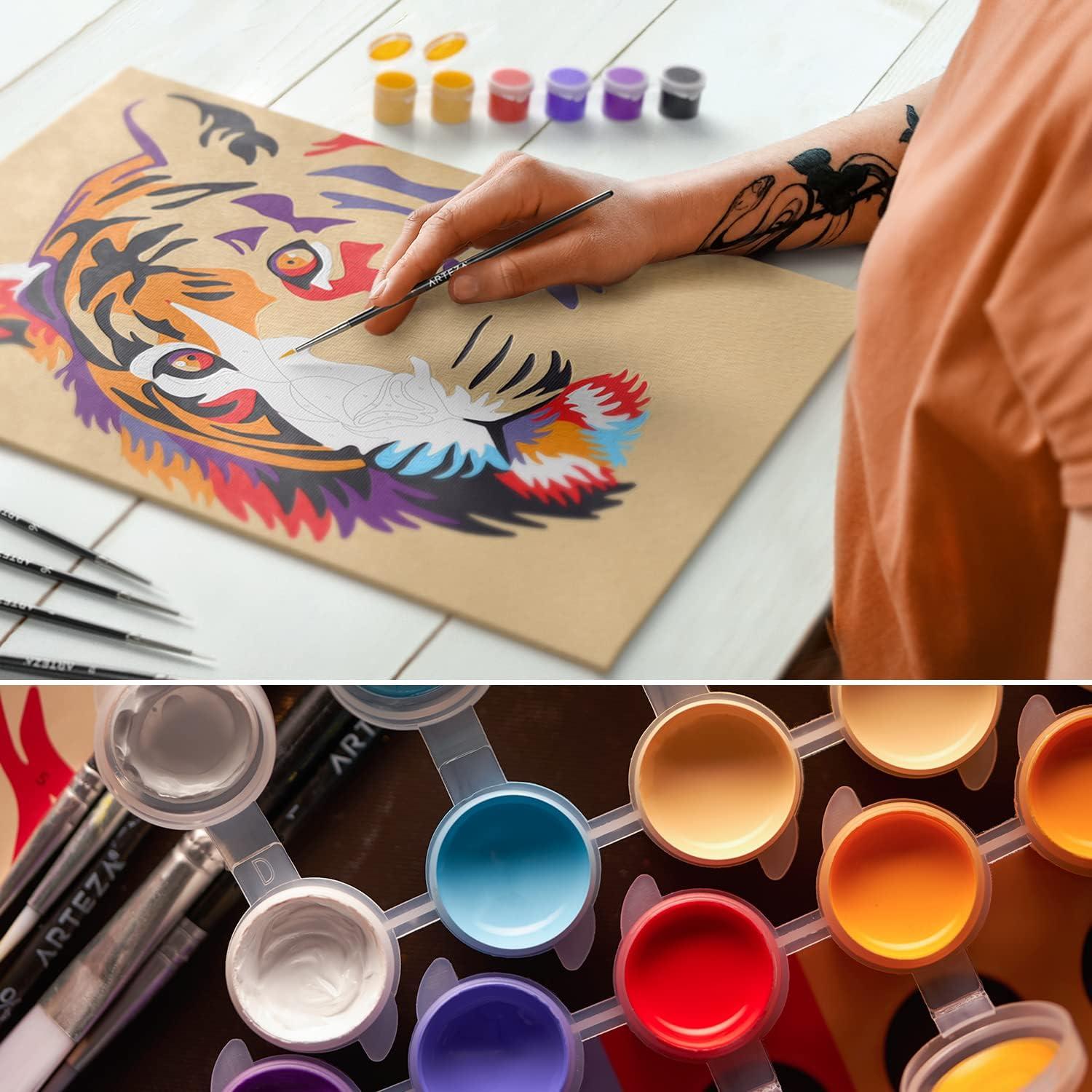 ARTEZA Paint by Numbers Kit, 12×16 Inches, 21 Pieces, Monstera Canvas Painting Kit, Canvas Panel, 12 Acrylic Paint Pots, 5 Paintbrushes, Art Supplies for a Meditative and Calming(Tiger)