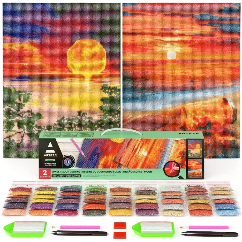 Arteza 5D Diamond Painting Kit, 2-Pack, Floral Designs, Full-Drill Diamond Art for Adults, 12 x 16 Inches Canvases, Round Rhinestones, & Painting Accessories, Bead Art Craft Supplies(Moon)