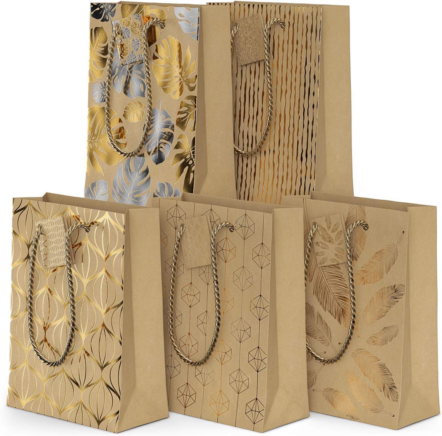 Arteza Gift Bags 9.5x7x3.4, Set of 15 Bags (5 White Designs, 3 Pieces in Each Style), Perfect for Any Holiday Occasion, Graduations, Birthday Parties, and More (3 of Each Design)