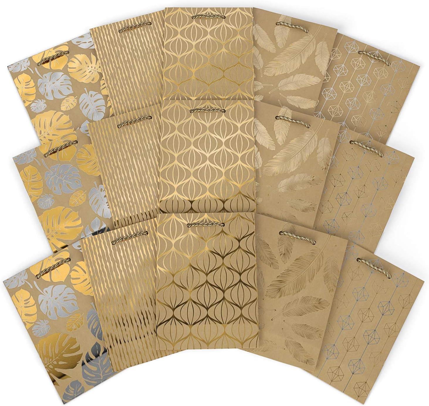 Arteza Gift Bags 9.5x7x3.4, Set of 15 Bags (5 White Designs, 3 Pieces in Each Style), Perfect for Any Holiday Occasion, Graduations, Birthday Parties, and More (3 of Each Design)