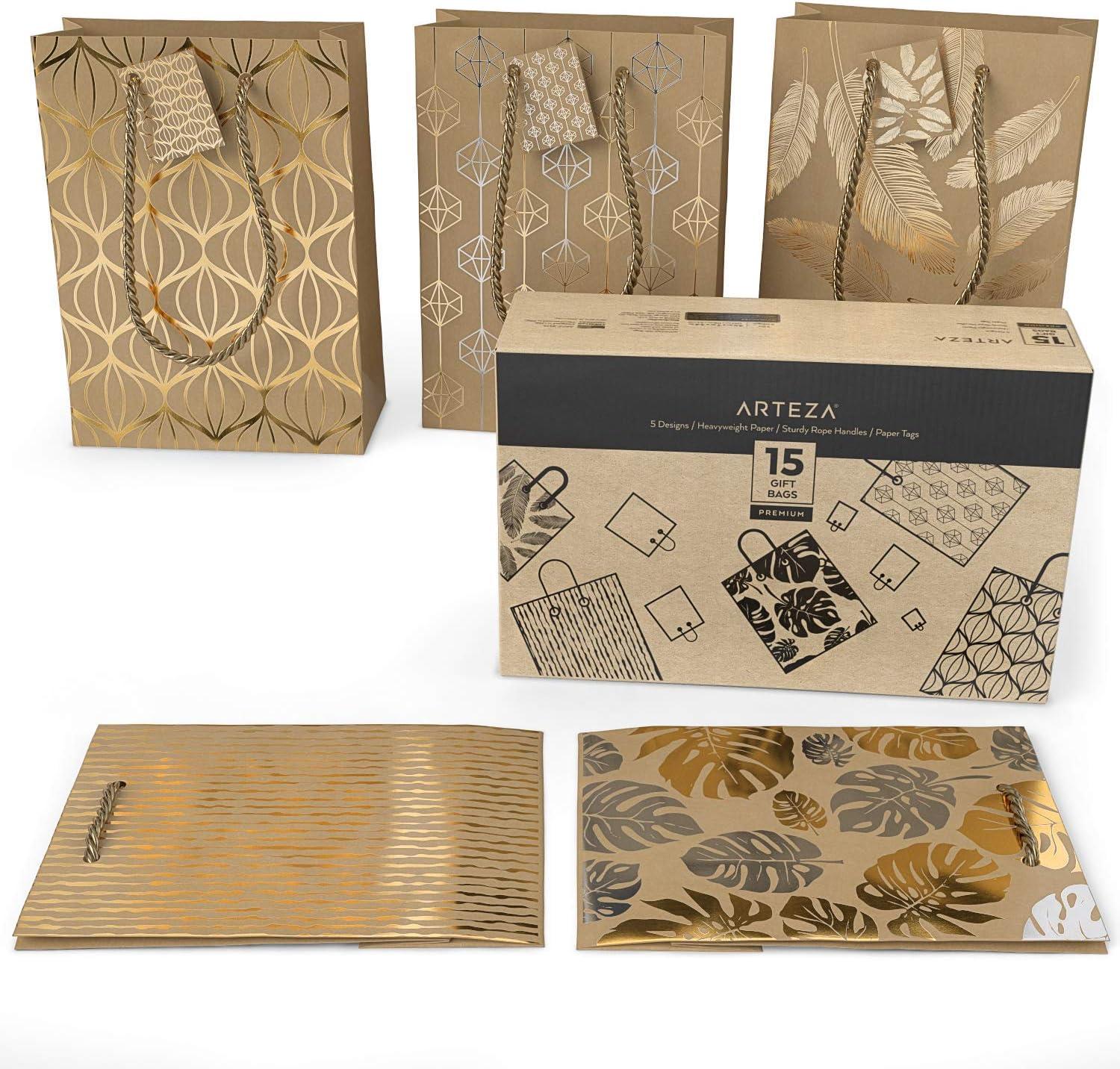 Arteza Gift Bags 9.5x7x3.4, Set of 15 Bags (5 White Designs, 3 Pieces in Each Style), Perfect for Any Holiday Occasion, Graduations, Birthday Parties, and More (3 of Each Design)