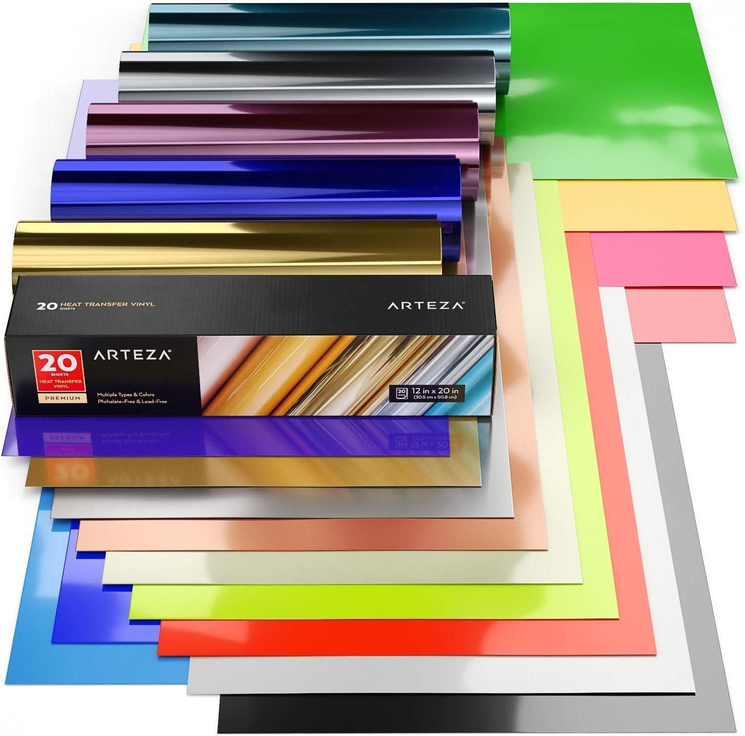ARTEZA Heat Transfer Vinyl Sheets, 12 x 20 Inches, Pack of 20, Neon & Metallic, Flexible and Easy to Weed, HTV for DIY Projects