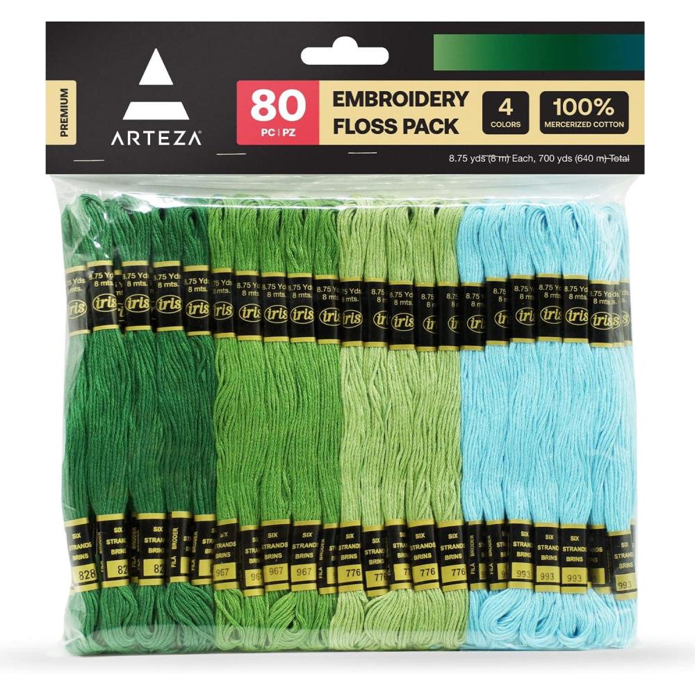 ARTEZA Embroidery Thread 80 Skeins – 100% Mercerized Cotton Floss in Black, White, Dark Gray & Light Gray – for Cross Stitch, Needlework, Jewelry and Crafts(Green)
