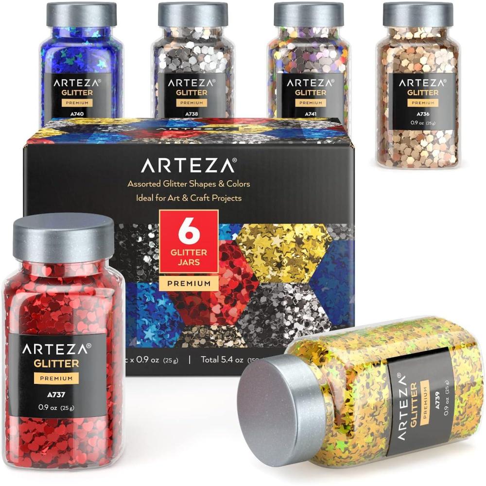 Arteza Glitter Shapes, Set of 6, Glitter for Resin in 0.9-oz Bottles, Glue, Acrylic Paint, Arts and Crafts Supplies for Creating School Projects, DIY Projects, and Holiday Art , Red(Shapes)