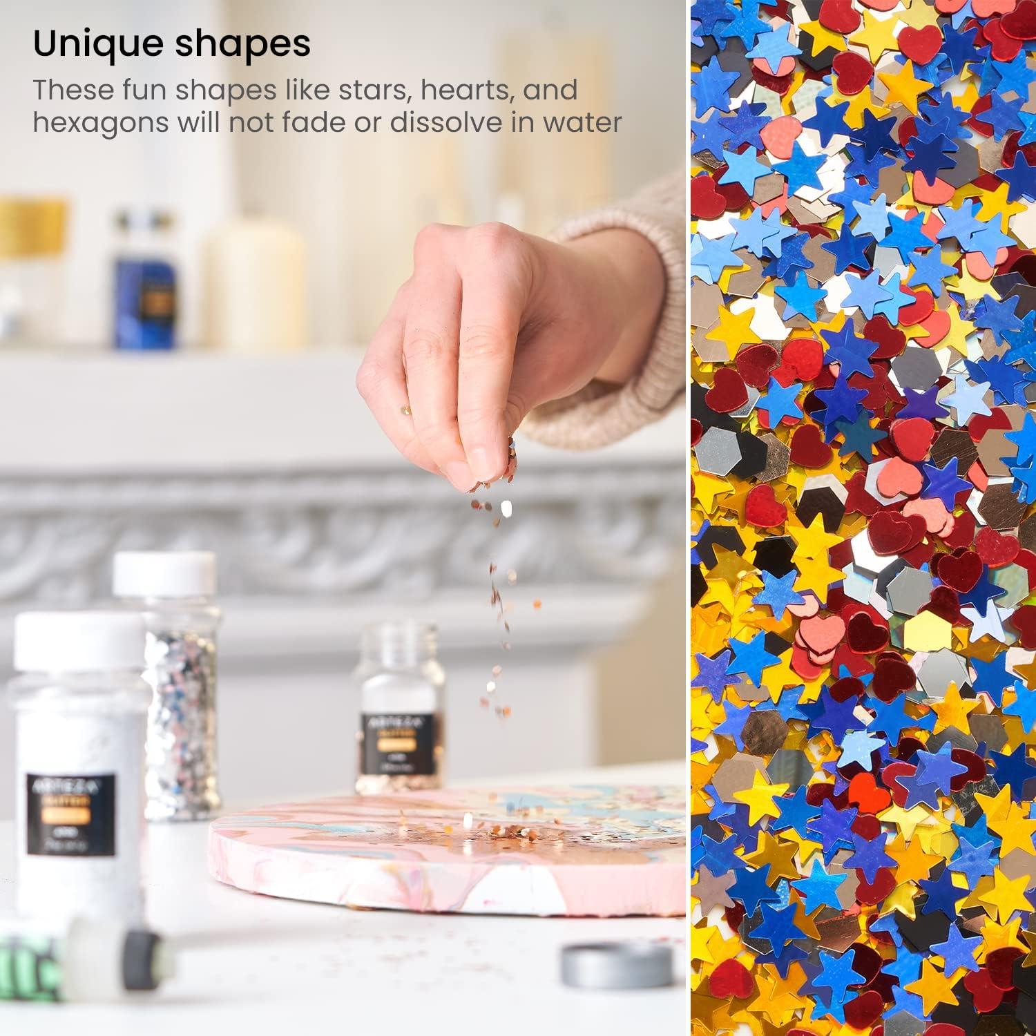 Arteza Glitter Shapes, Set of 6, Glitter for Resin in 0.9-oz Bottles, Glue, Acrylic Paint, Arts and Crafts Supplies for Creating School Projects, DIY Projects, and Holiday Art , Red(Shapes)