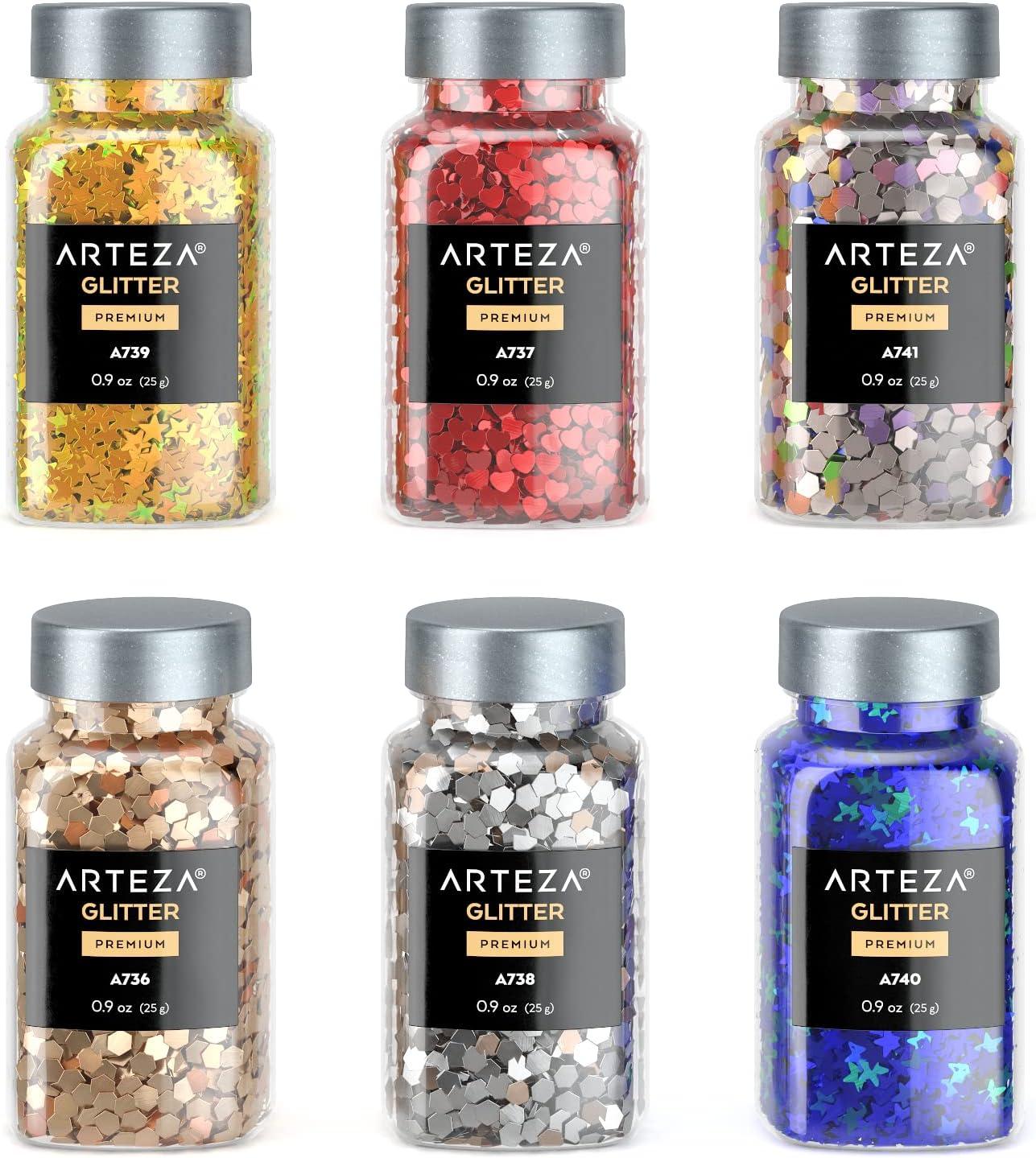 Arteza Glitter Shapes, Set of 6, Glitter for Resin in 0.9-oz Bottles, Glue, Acrylic Paint, Arts and Crafts Supplies for Creating School Projects, DIY Projects, and Holiday Art , Red(Shapes)