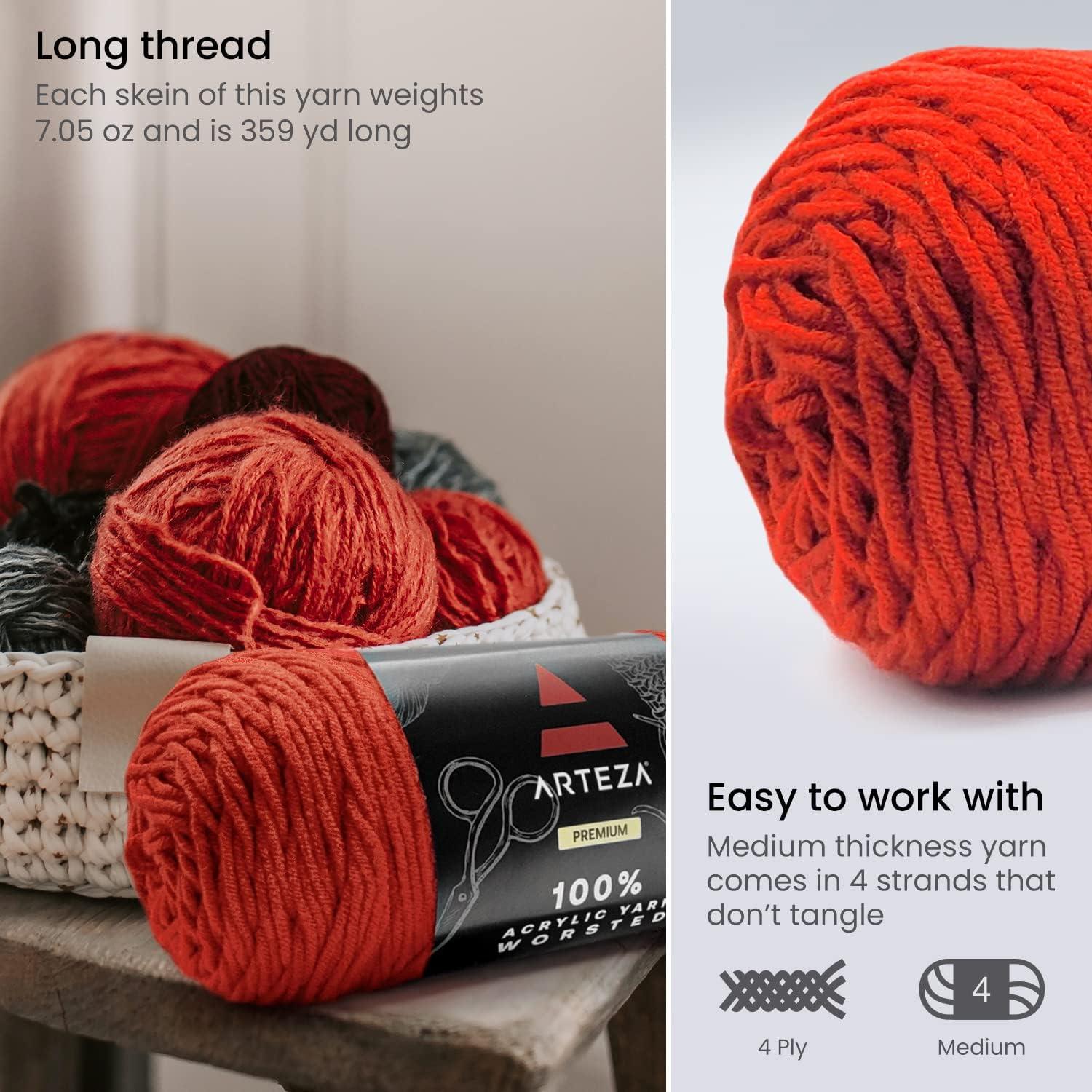 ARTEZA Acrylic Yarn for Crocheting, 4 x 200-g Skeins of Worsted Yarn for Knitting, Mossy A602, Knitting & Crochet Supplies(Red)