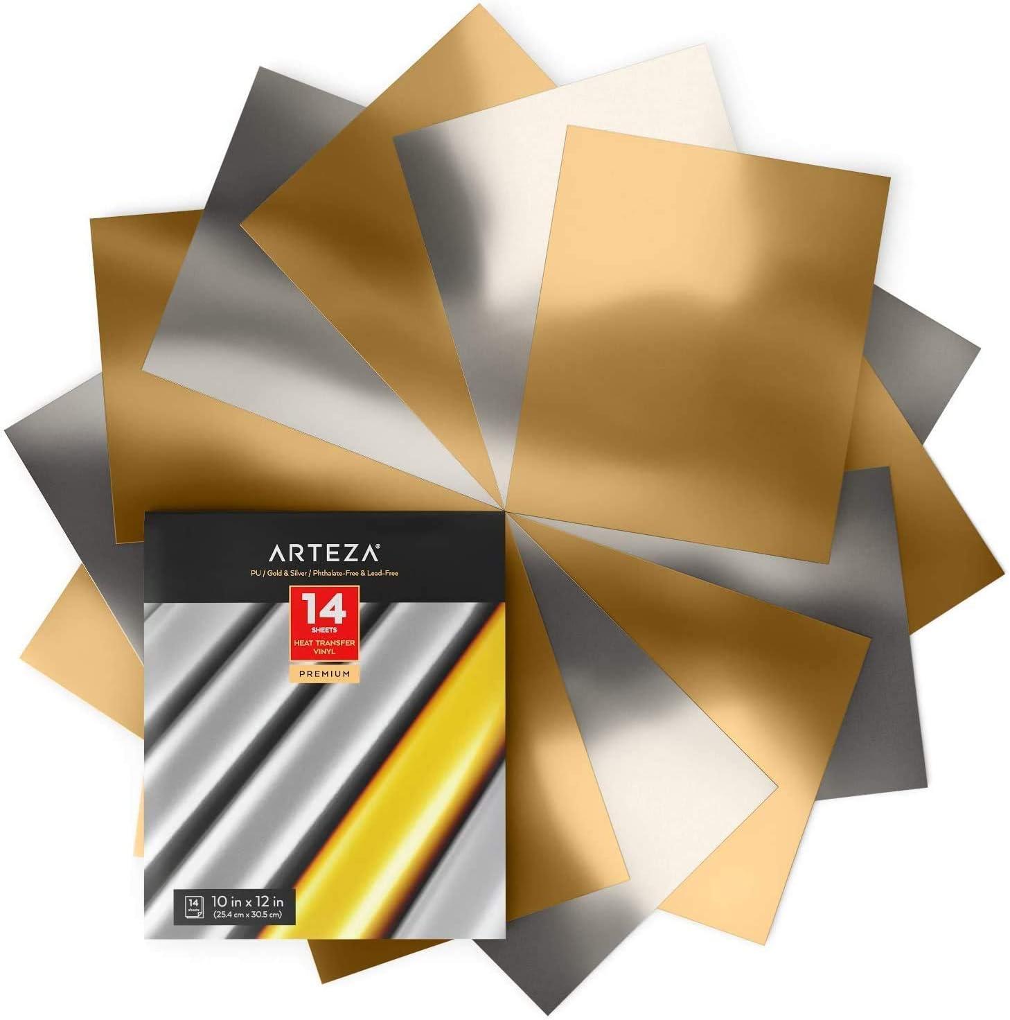 ARTEZA Heat Transfer Vinyl Sheets, 10 x 12 Inches, Pack of 14, Metallic, 7 Silver, 7 Gold, Flexible and Easy to Weed, HTV for DIY Projects