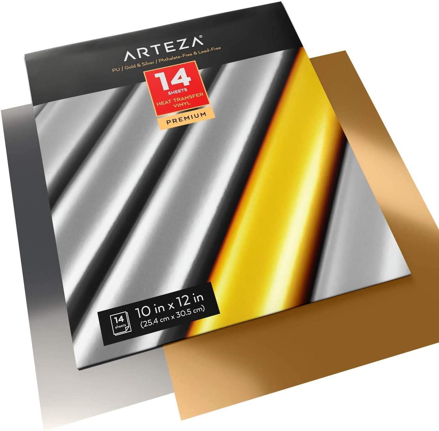 ARTEZA Heat Transfer Vinyl Sheets, 10 x 12 Inches, Pack of 14, Metallic, 7 Silver, 7 Gold, Flexible and Easy to Weed, HTV for DIY Projects