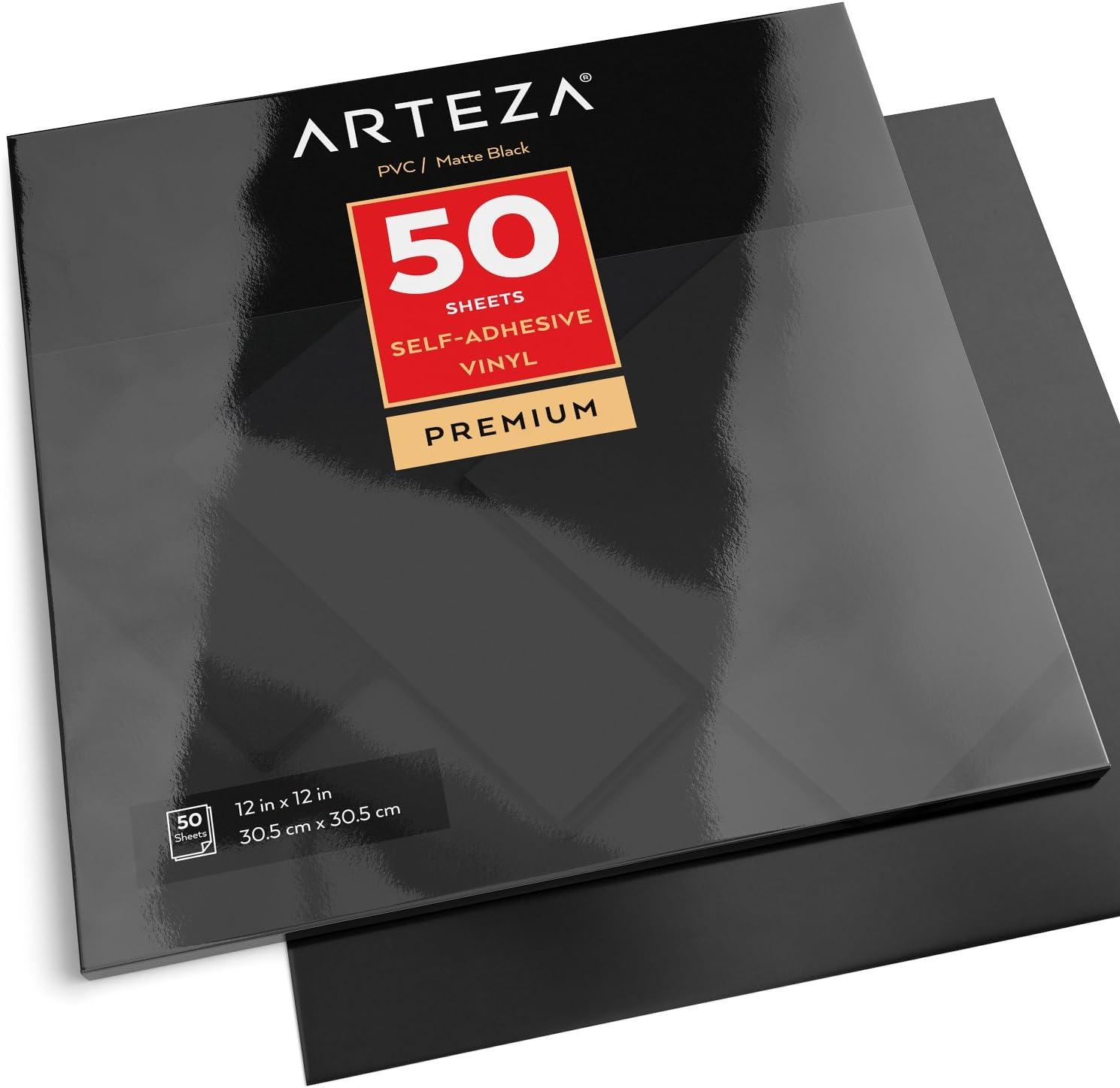 ARTEZA Self Adhesive Vinyl Sheets, 12 x 12 Inches, Pack of 50, Matte Black, Waterproof and Easy to Weed and Cut, SAV for DIY Projects