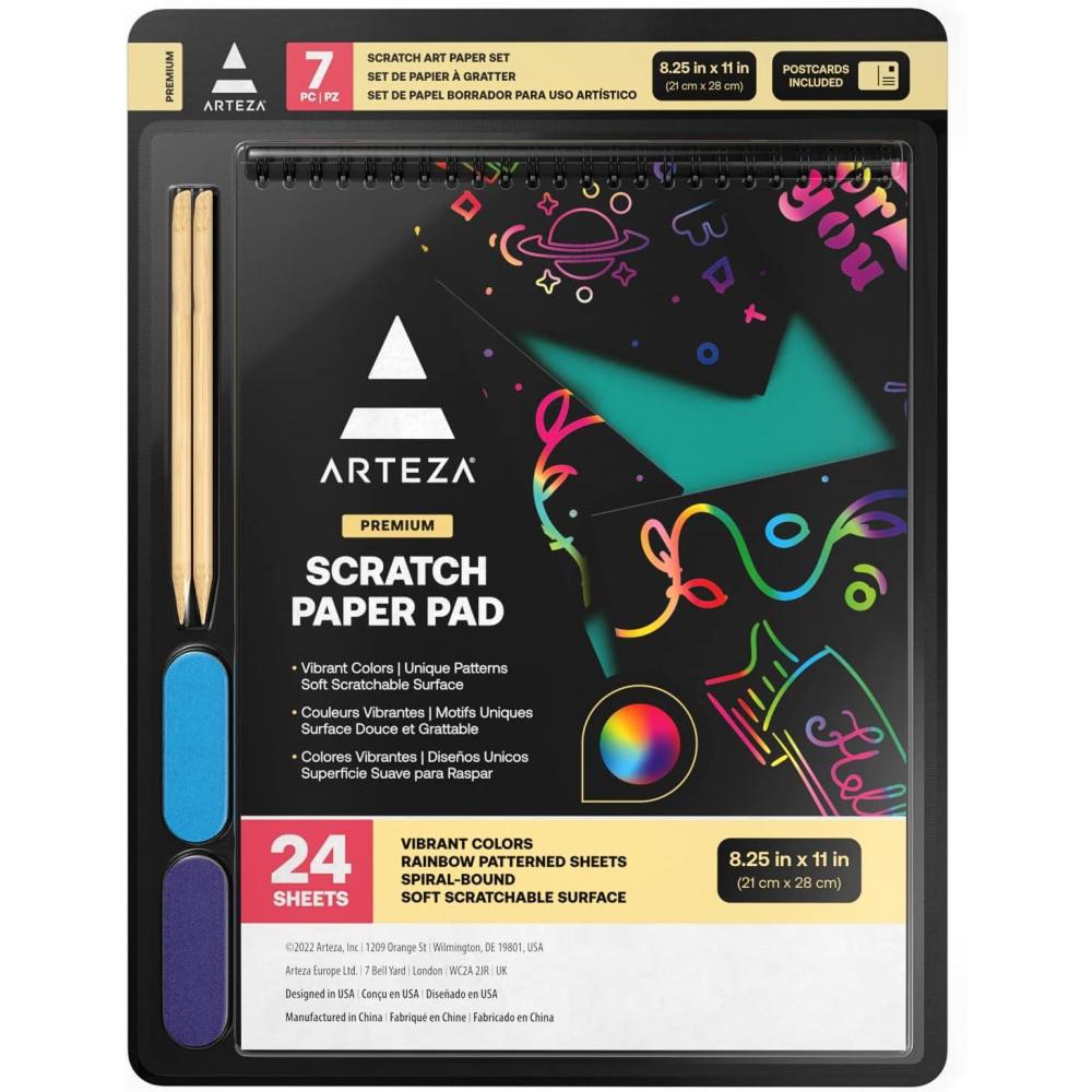 ARTEZA Scratch Paper, Set of 24 Sheets, 8.25 x 11 Inches, Kit Includes 24 Rainbow Sheets, 2 Scratchers, 2 Stencils, 2 Post Cards, Art Supplies for Craft and DIY Projects
