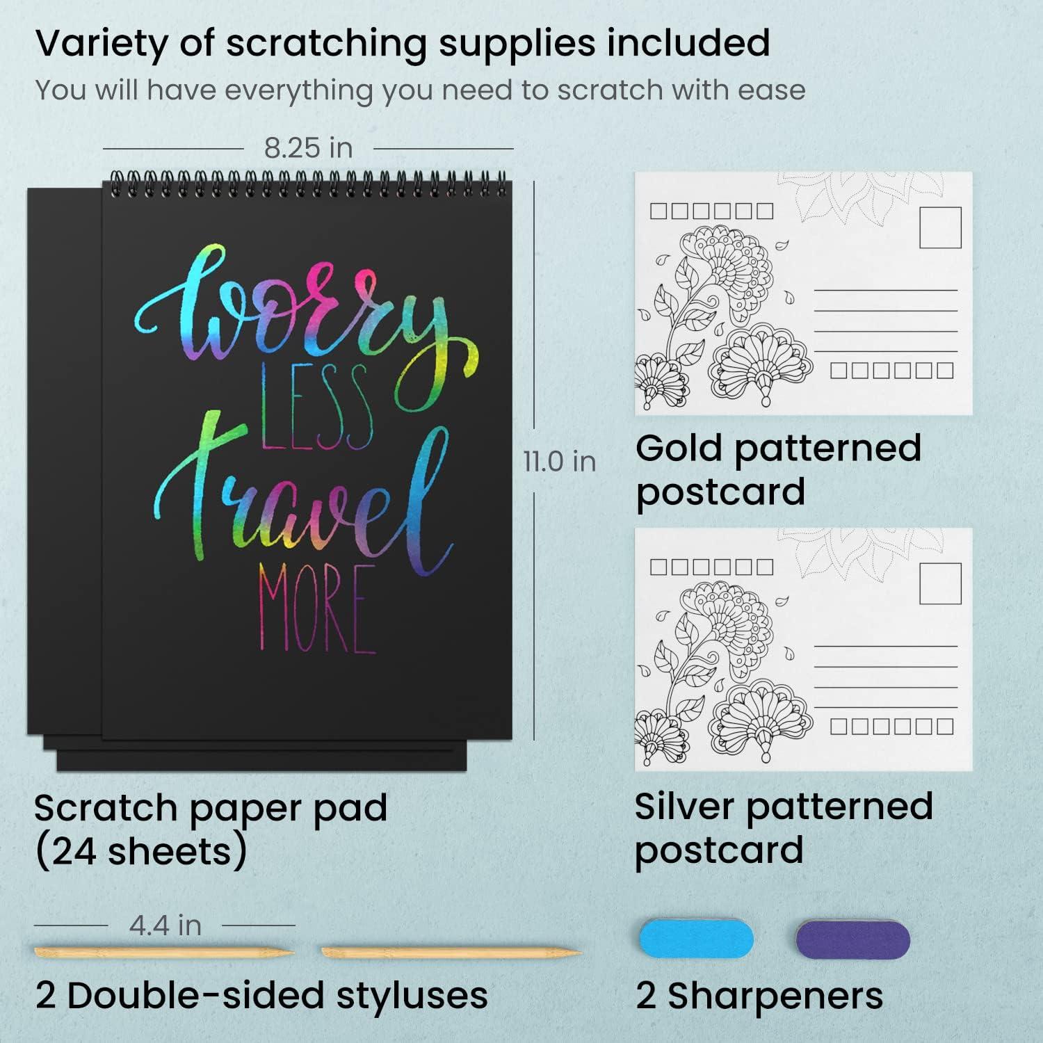 ARTEZA Scratch Paper, Set of 24 Sheets, 8.25 x 11 Inches, Kit Includes 24 Rainbow Sheets, 2 Scratchers, 2 Stencils, 2 Post Cards, Art Supplies for Craft and DIY Projects