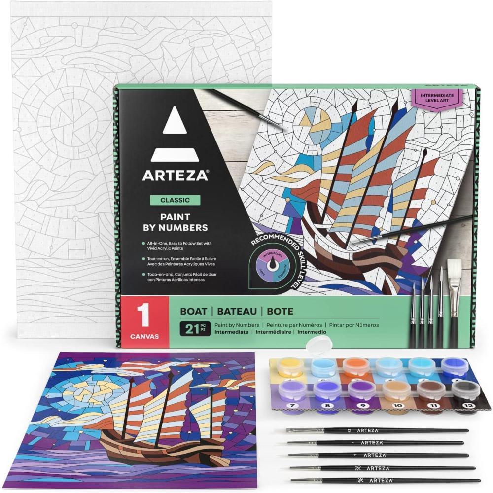 ARTEZA Paint by Numbers Kit, 12×16 Inches, 21 Pieces, Monstera Canvas Painting Kit, Canvas Panel, 12 Acrylic Paint Pots, 5 Paintbrushes, Art Supplies for a Meditative and Calming(Boat)