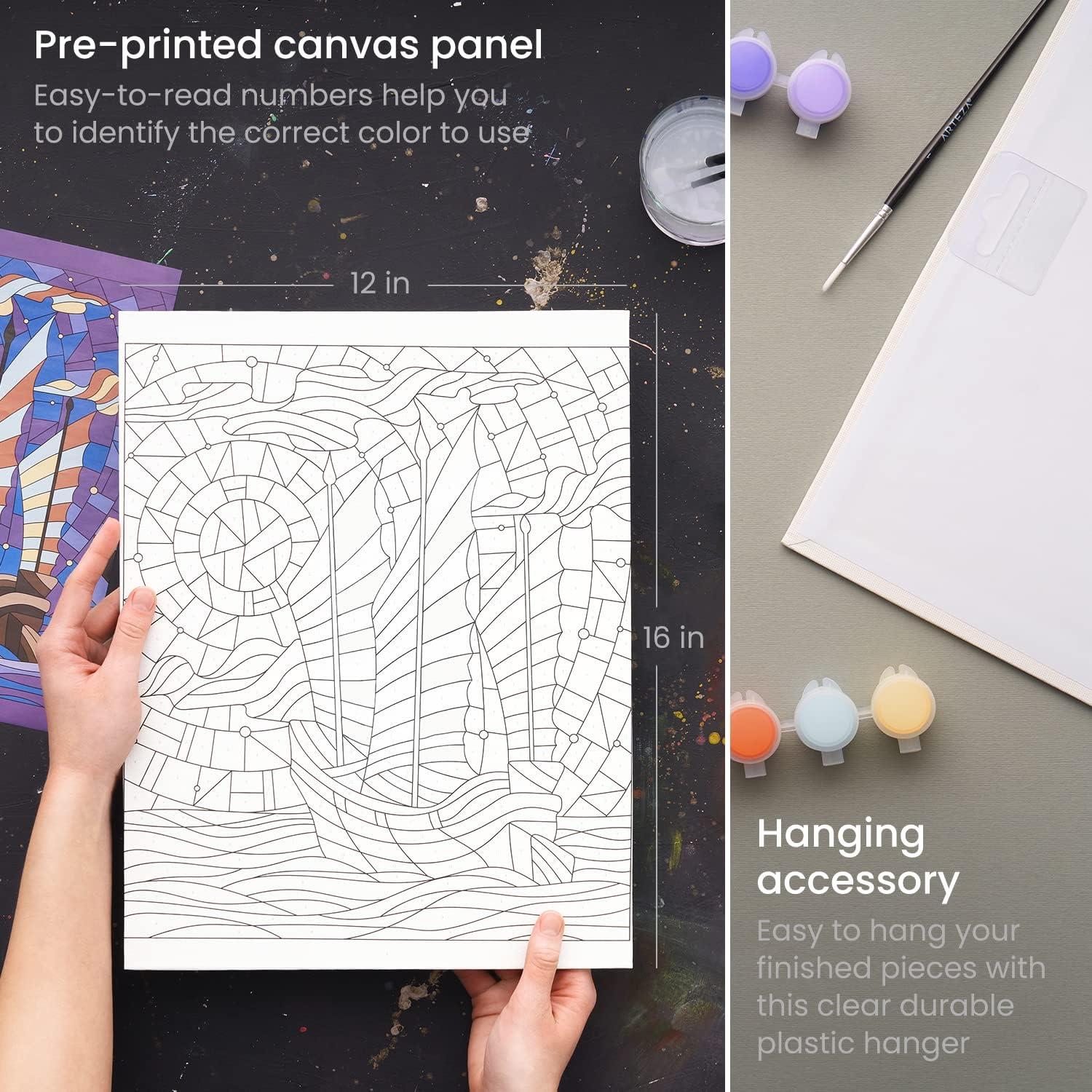 ARTEZA Paint by Numbers Kit, 12×16 Inches, 21 Pieces, Monstera Canvas Painting Kit, Canvas Panel, 12 Acrylic Paint Pots, 5 Paintbrushes, Art Supplies for a Meditative and Calming(Boat)