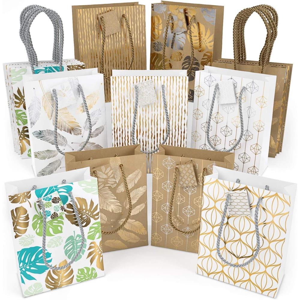Arteza Gift Bags 9.5x7x3.4, Set of 15 Bags (5 White Designs, 3 Pieces in Each Style), Perfect for Any Holiday Occasion, Graduations, Birthday Parties, and More (9 Mixed Designs  2 Pcs Each Design)