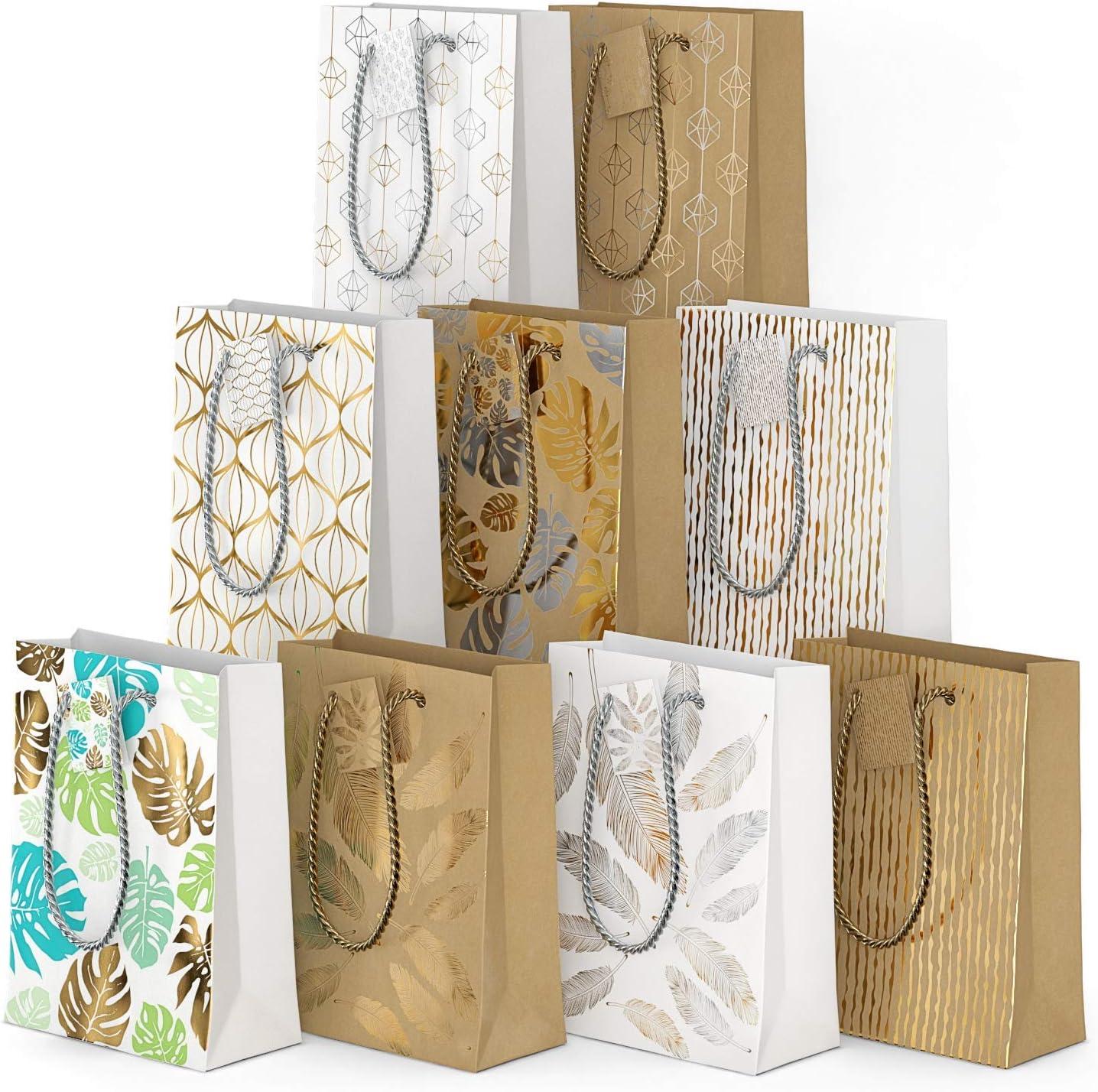 Arteza Gift Bags 9.5x7x3.4, Set of 15 Bags (5 White Designs, 3 Pieces in Each Style), Perfect for Any Holiday Occasion, Graduations, Birthday Parties, and More (9 Mixed Designs  2 Pcs Each Design)