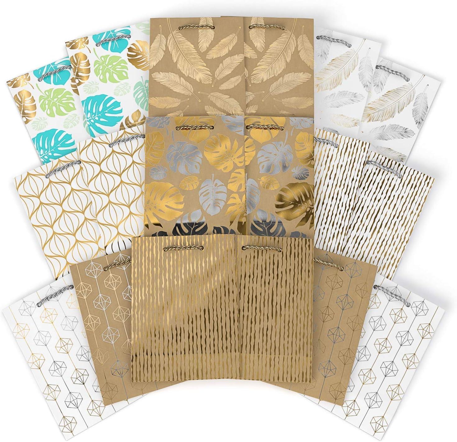 Arteza Gift Bags 9.5x7x3.4, Set of 15 Bags (5 White Designs, 3 Pieces in Each Style), Perfect for Any Holiday Occasion, Graduations, Birthday Parties, and More (9 Mixed Designs  2 Pcs Each Design)