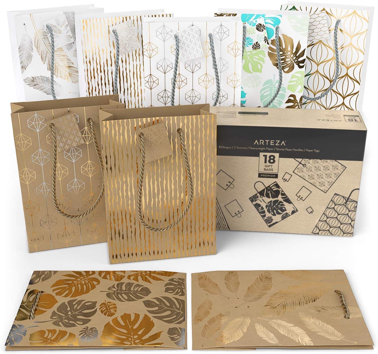 Arteza Gift Bags 9.5x7x3.4, Set of 15 Bags (5 White Designs, 3 Pieces in Each Style), Perfect for Any Holiday Occasion, Graduations, Birthday Parties, and More (9 Mixed Designs  2 Pcs Each Design)