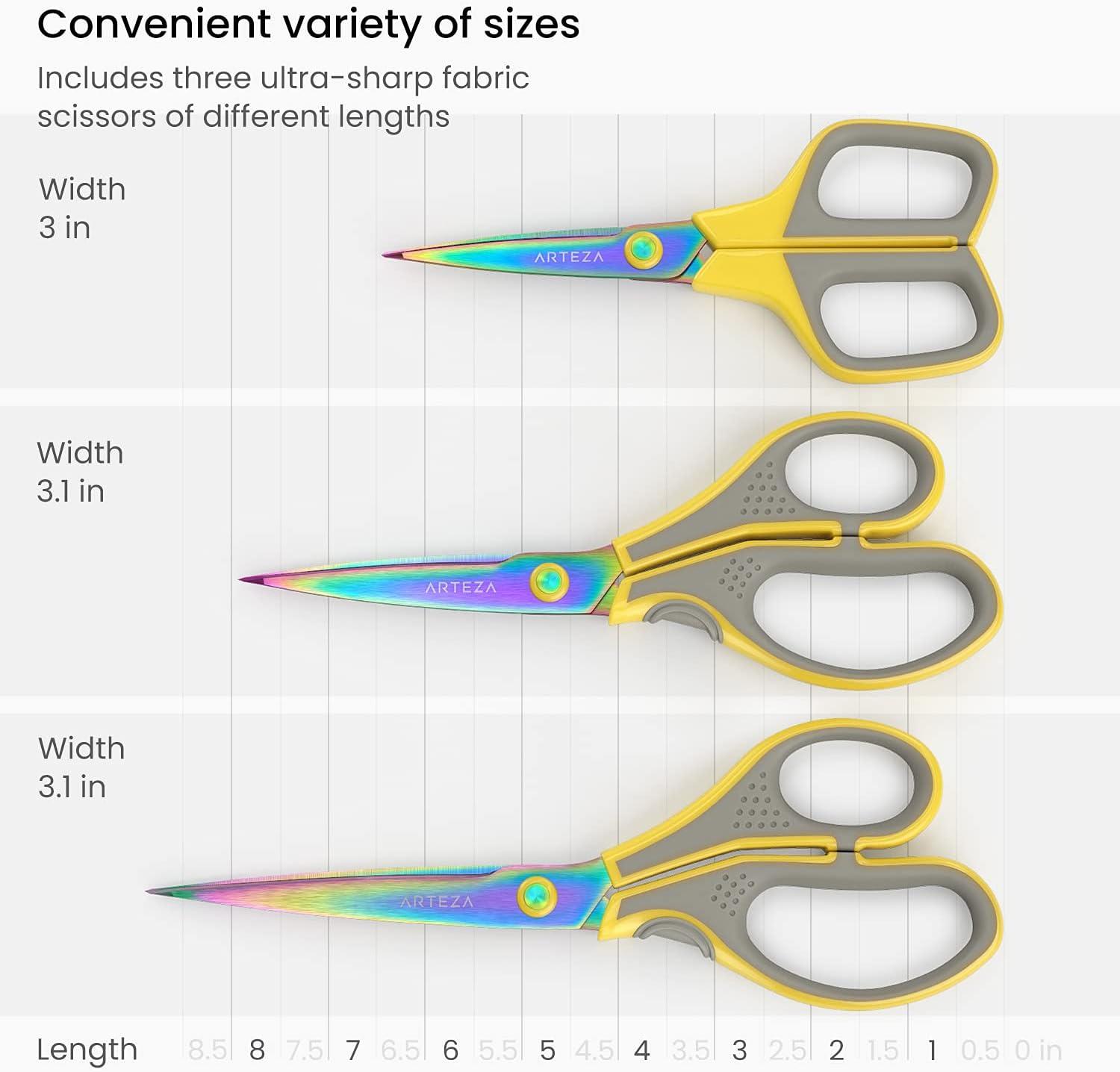 Arteza Craft Scissors, Set of 3, 8-Inch Scissors with Different Blades, Titanium Nonstick Stainless Steel Blades, Craft Supplies for Scrapbooking, Building Models, and Cutting Felt Designs(Fabric)