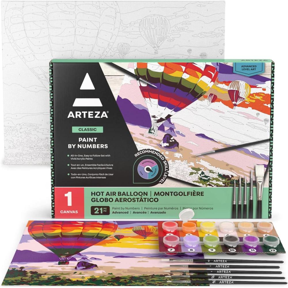 ARTEZA Paint by Numbers Kit, 12×16 Inches, 21 Pieces, Monstera Canvas Painting Kit, Canvas Panel, 12 Acrylic Paint Pots, 5 Paintbrushes, Art Supplies for a Meditative and Calming(Hot Air Balloon)