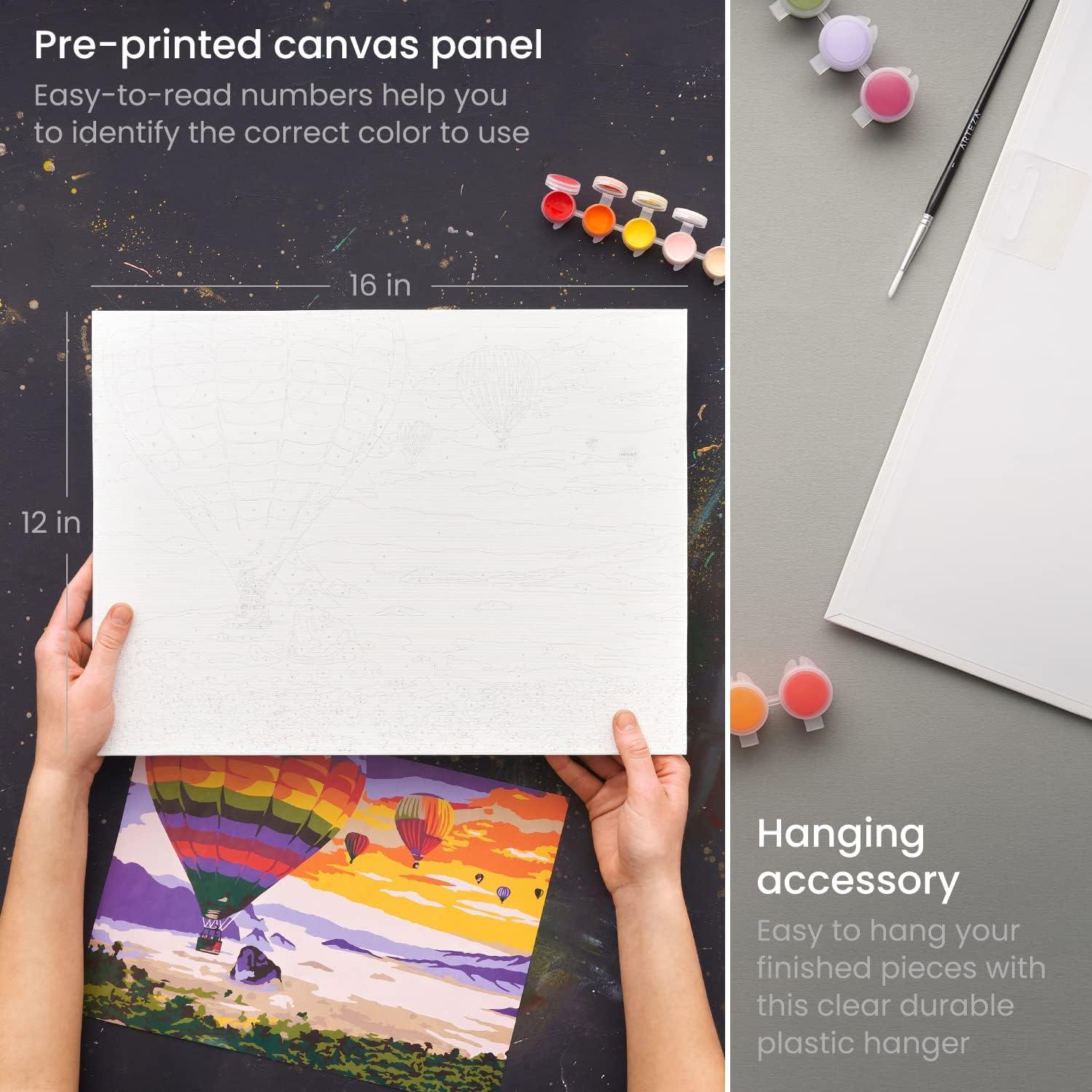 ARTEZA Paint by Numbers Kit, 12×16 Inches, 21 Pieces, Monstera Canvas Painting Kit, Canvas Panel, 12 Acrylic Paint Pots, 5 Paintbrushes, Art Supplies for a Meditative and Calming(Hot Air Balloon)