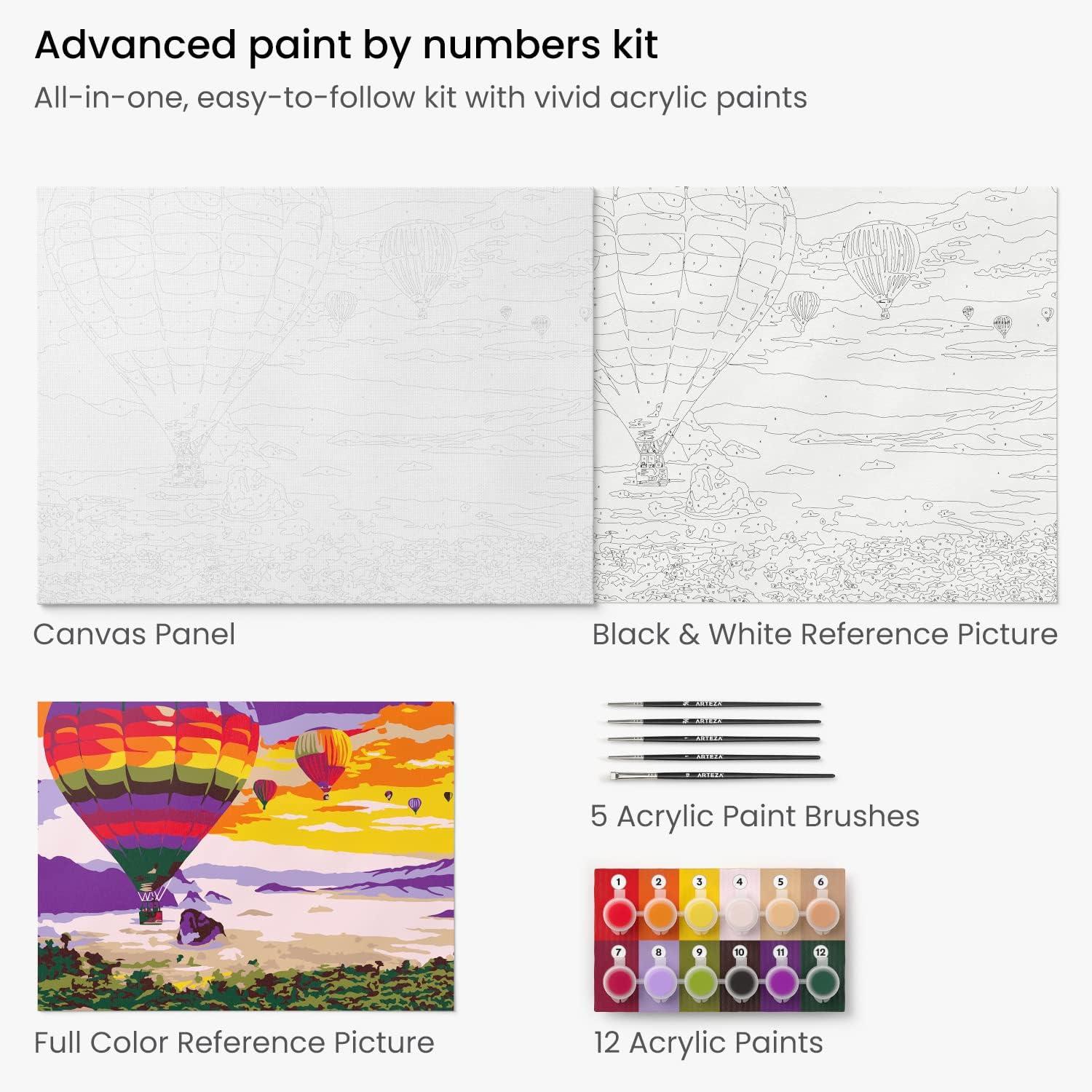 ARTEZA Paint by Numbers Kit, 12×16 Inches, 21 Pieces, Monstera Canvas Painting Kit, Canvas Panel, 12 Acrylic Paint Pots, 5 Paintbrushes, Art Supplies for a Meditative and Calming(Hot Air Balloon)