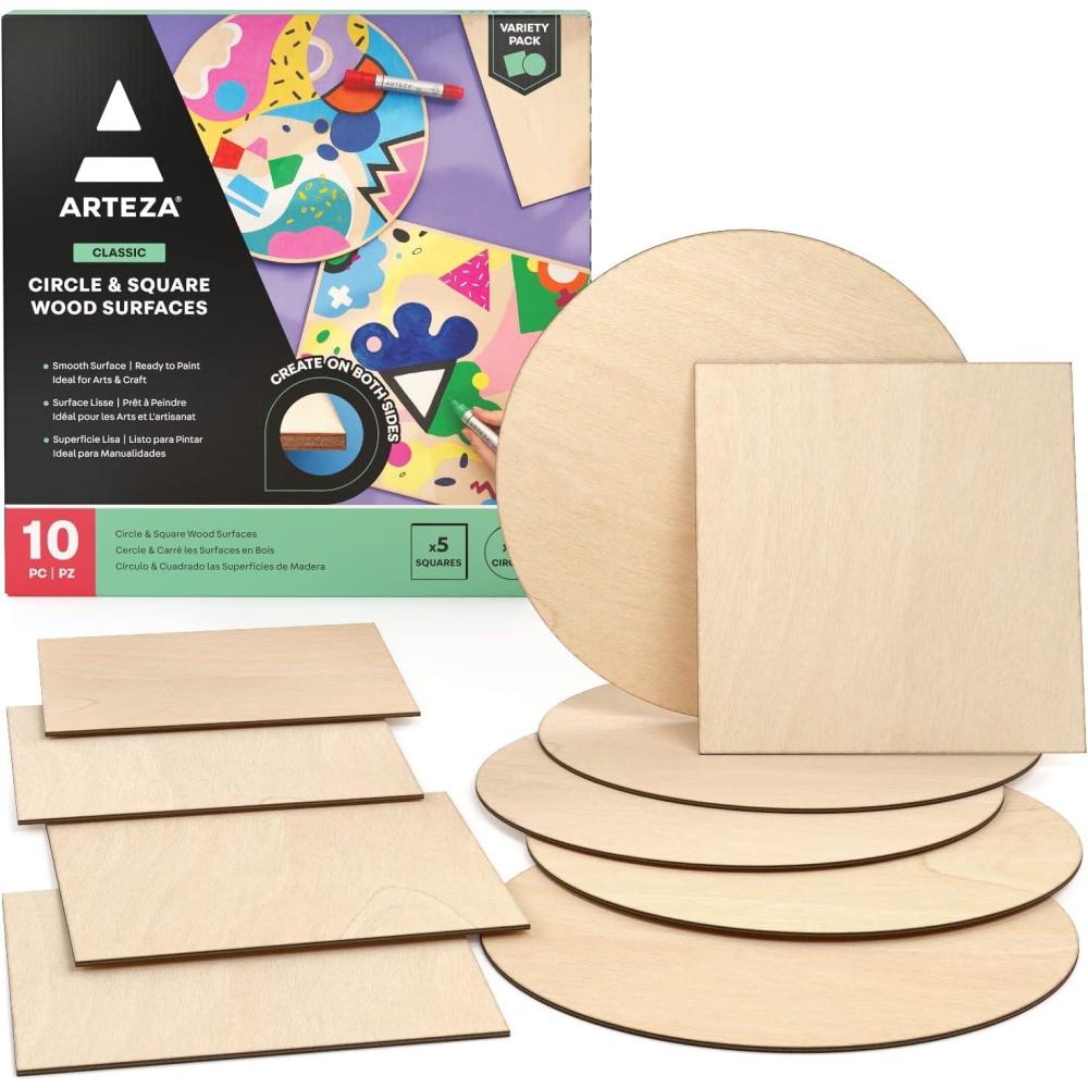 ARTEZA MDF Wood Slices, Set of 10, 5 x 11.8-Inch Circles and 5 x 9.05-Inch Squares, Unfinished Wooden Pieces for DIY Craft and Art Projects(10 Pieces)