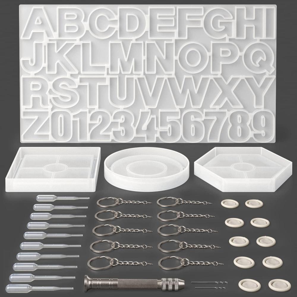 ARTEZA Resin Keychain Molds and Accessories, 37-Piece Kit, Numbers and Alphabet Silicone Molds, Keychain Rings, Finger Tabs, Pipettes, Drilling Tool